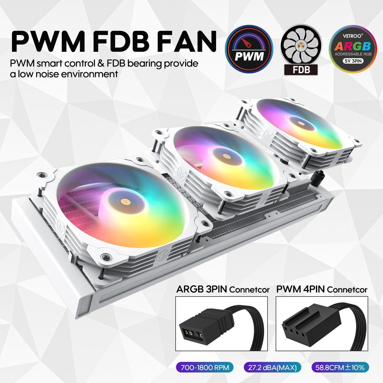 Alt view image 5 of 7 - Vetroo R360 Liquid CPU Cooler, Replaceable Cover Design, 3x120mm ARGB & PWM Fans, Low-Noise Operation, 360mm Radiator 290W TDP, Controller Hub Included, for AMD AM5/AM4 & Intel LGA1851/1700 - White