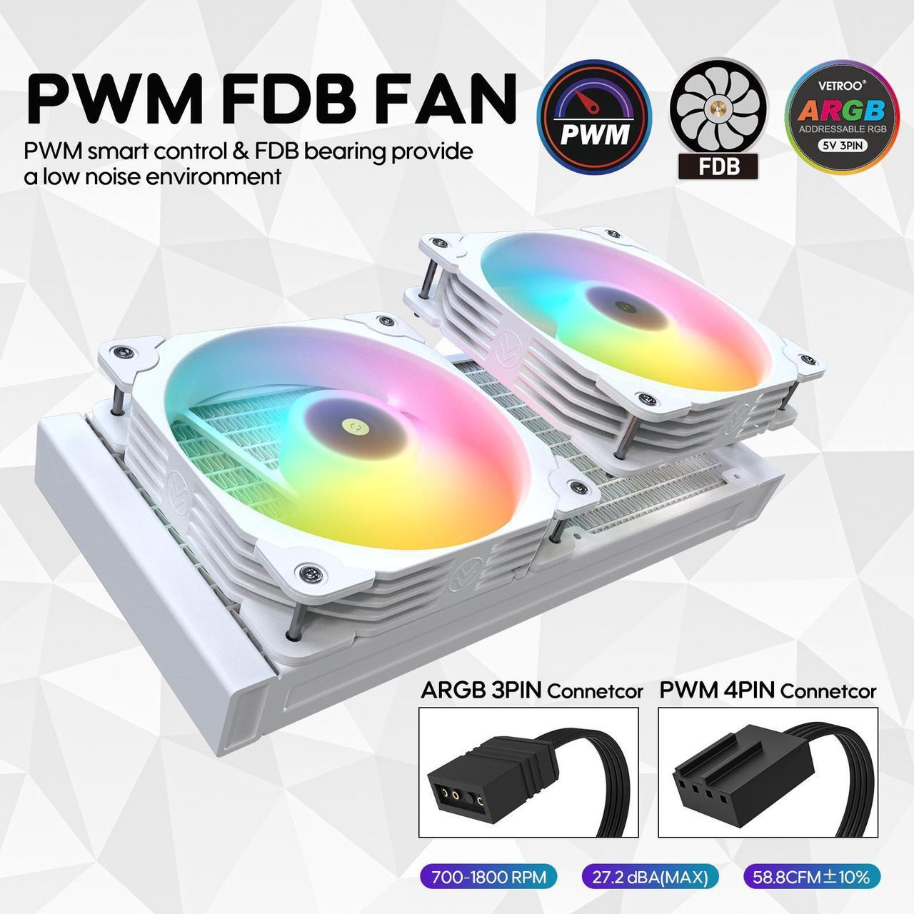 Alt view image 5 of 7 - Vetroo R240 Liquid CPU Cooler, Replaceable Cover Design, 2x120mm ARGB & PWM Fans, Low-Noise Operation, 240mm Radiator 250W TDP, Controller Hub Included, for AMD AM5/AM4 & Intel LGA1851/1700 - White