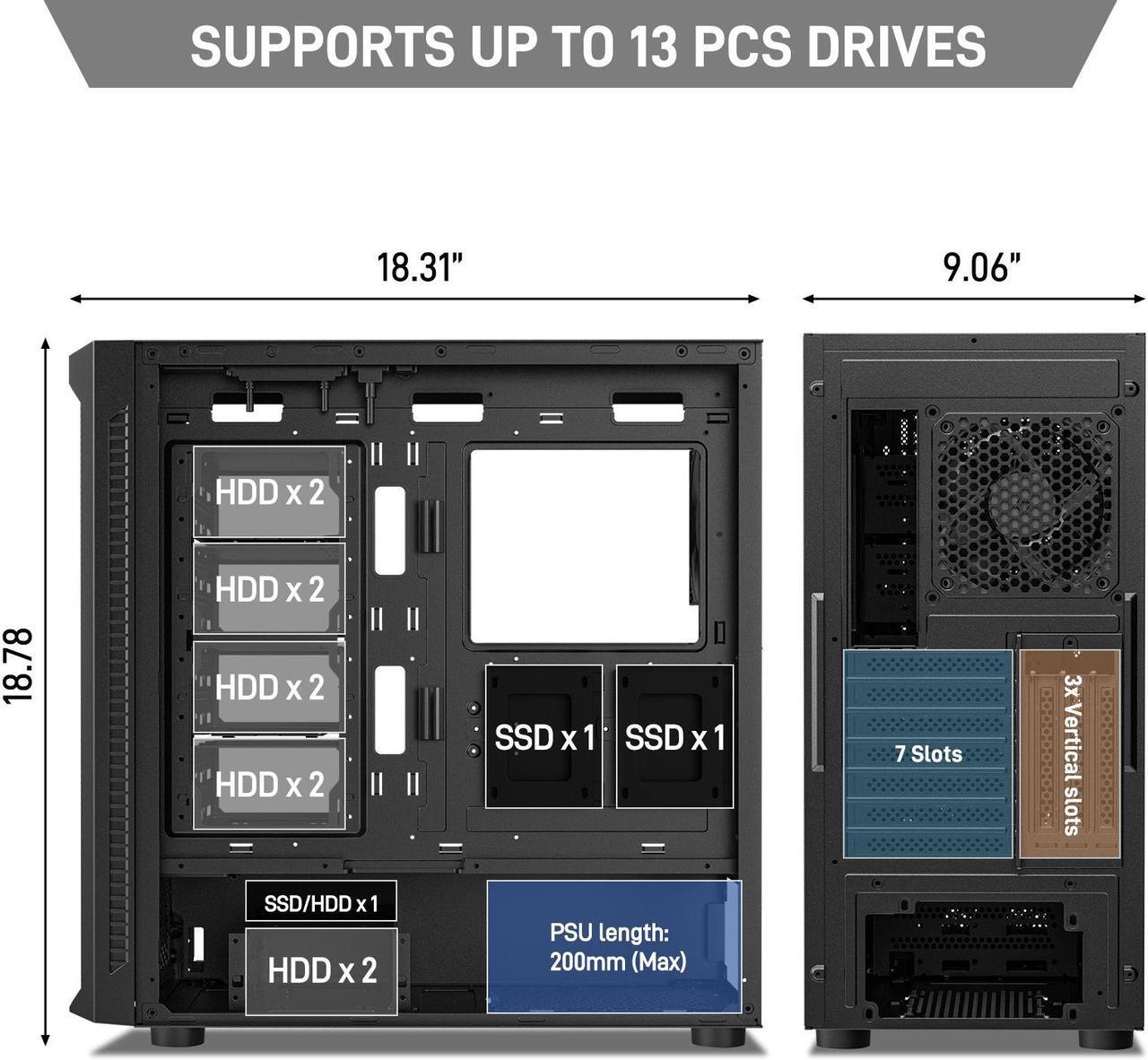Alt view image 3 of 7 - DARKROCK Classico Max Storage Master Case E-ATX Computer Case with 4x120mm Black Fan, 10 x3.5" HDD+3 x2.5" SDD USB 3.0 Ready 360mm Radiator Supported Vertical Slots for GPU Vertically Mount - Black