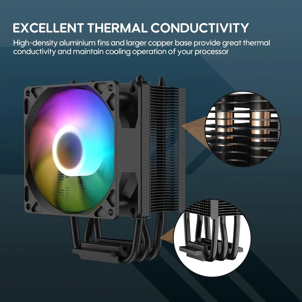 Alt view image 6 of 7 - Vetroo V3 CPU Air Cooler w/ ARGB Lighting and PWM Smart Control - Compact Design with Height of 133mm & 92mm Fan, Direct Heat Pipes, Aluminium Fins, for AMD AM4/AM5 & Intel LGA1851/1700/1200/115X