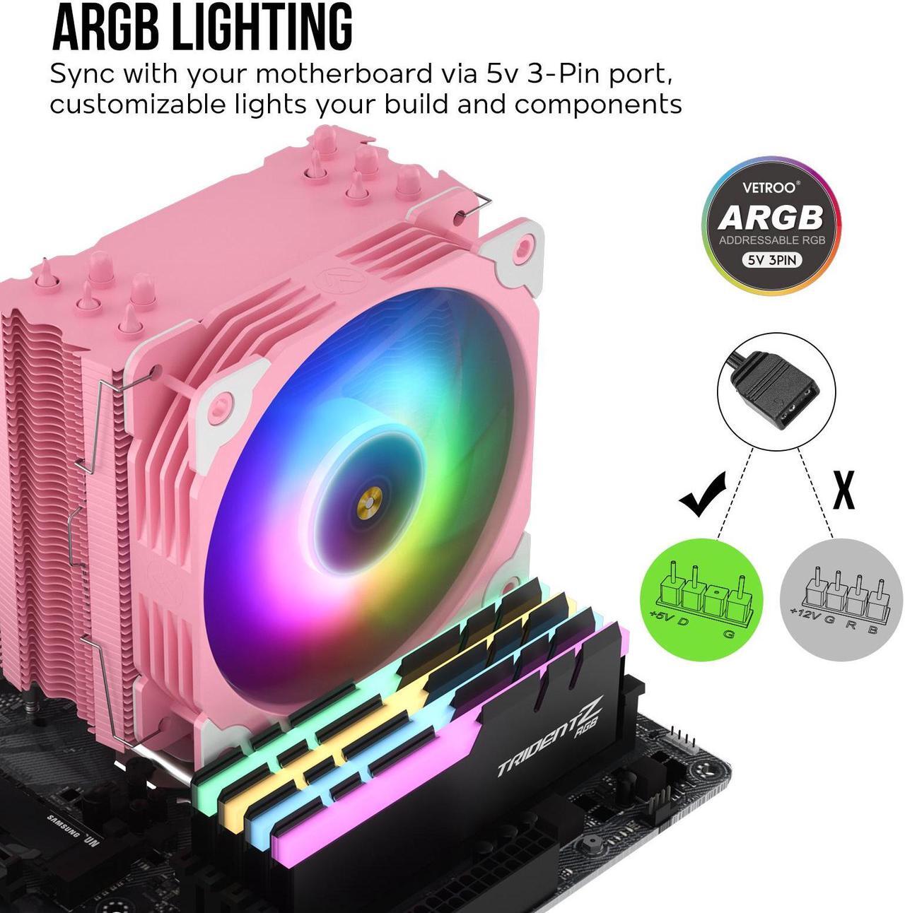 Alt view image 3 of 7 - Vetroo V5 Pink CPU Air Cooler w/ w/Addressable RGB Lights Sync 5 Heat Pipes 120mm FDB PWM Processor 200W TDP Cooler for Intel LGA 1851/1700/1200/115X AMD AM5/AM4