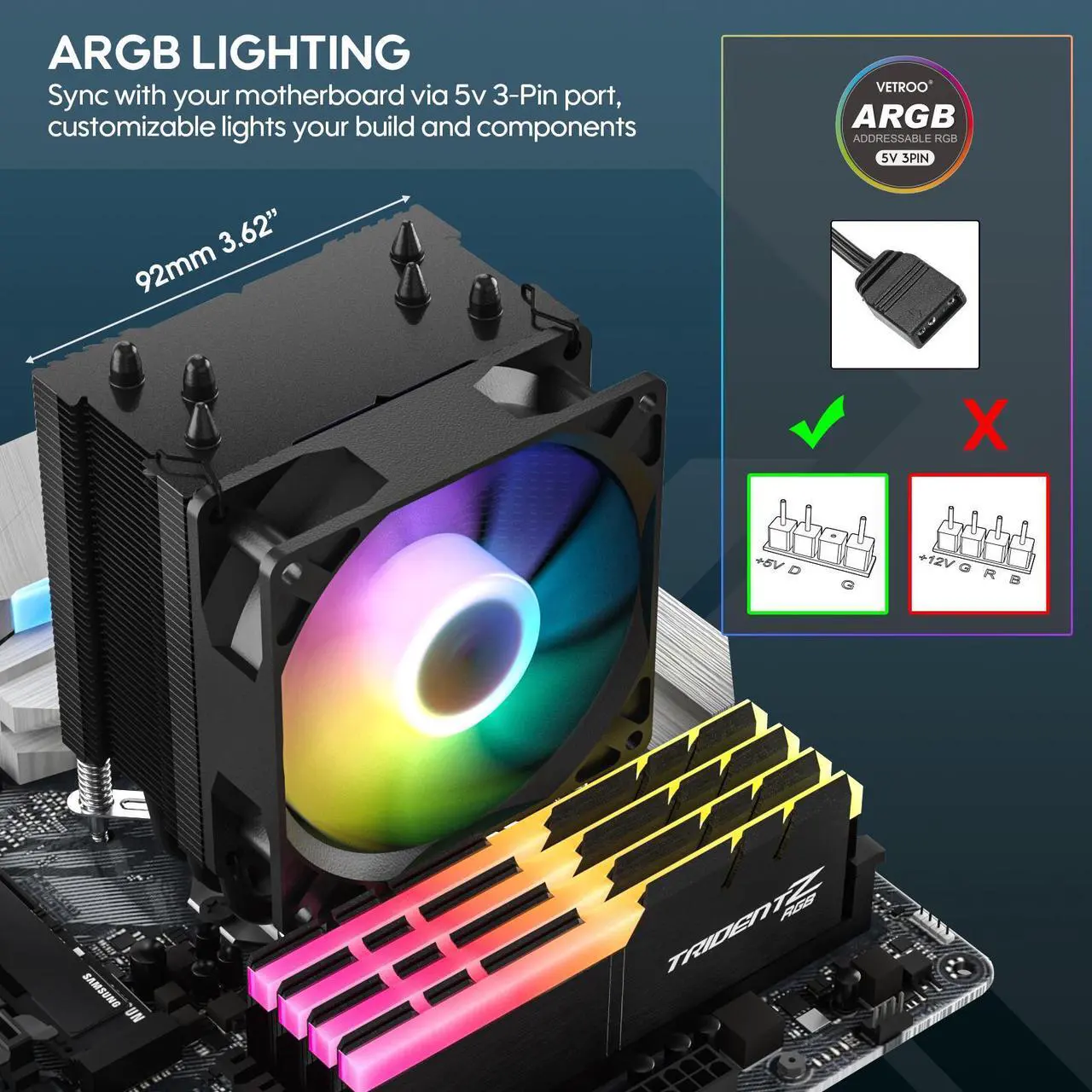 Alt view image 3 of 7 - Vetroo V3 CPU Air Cooler w/ ARGB Lighting and PWM Smart Control - Compact Design with Height of 133mm & 92mm Fan, Direct Heat Pipes, Aluminium Fins, for AMD AM4/AM5 & Intel LGA1851/1700/1200/115X