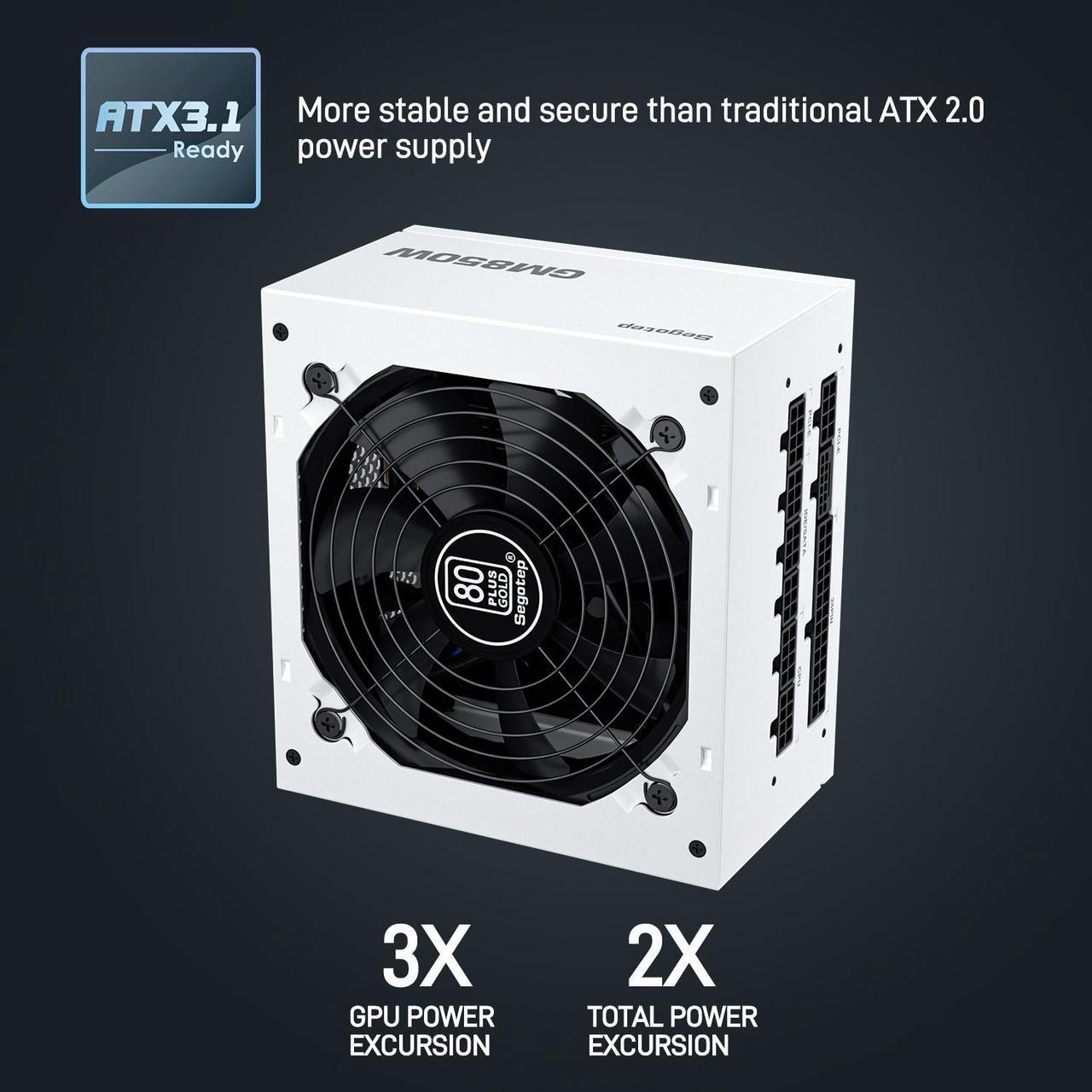 Alt view image 4 of 7 - Segotep 850W White PCIe 5.1 Full Modular 80 Plus Gold PSU ATX 3.1 Gaming Power Supply, 12VHPWR Cable, 12+4PIN port and Dual 6+2Pin ports for Different Graphics Cards, Silent Fan mode