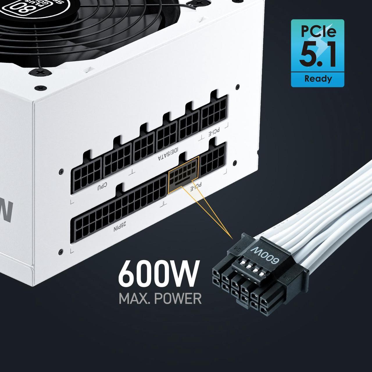 Alt view image 5 of 7 - Segotep 850W White PCIe 5.1 Full Modular 80 Plus Gold PSU ATX 3.1 Gaming Power Supply, 12VHPWR Cable, 12+4PIN port and Dual 6+2Pin ports for Different Graphics Cards, Silent Fan mode