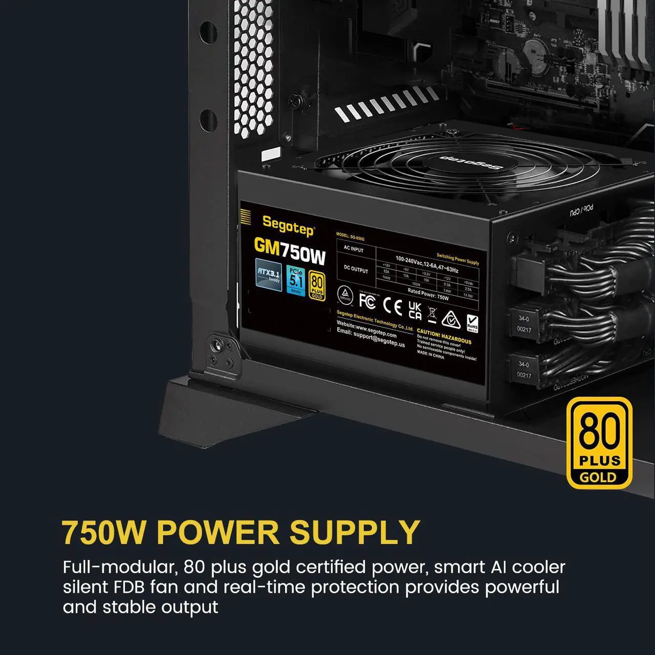 Alt view image 8 of 7 - Segotep 750W Power Supply Full Modular 80 Plus Gold PSU, 600W 12VHPWR Cable Included, 12+4PIN port and Dual 6+2Pin ports for Different Graphics cards, Silent Fan mode, ATX 3.1 Gaming Power Supply