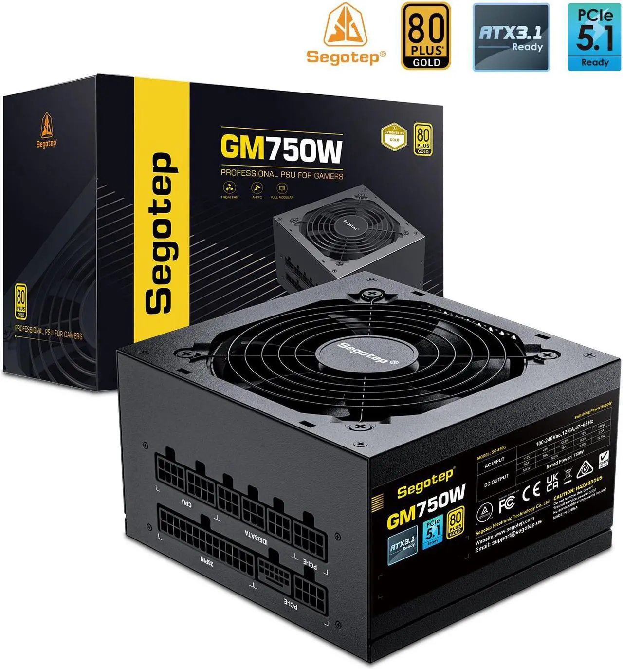 Main image of Segotep 750W Power Supply Full Modular 80 Plus Gold PSU, 600W 12VHPWR Cable Included, 12+4PIN port and Dual 6+2Pin ports for Different Graphics cards, Silent Fan mode, ATX 3.1 Gaming Power Supply