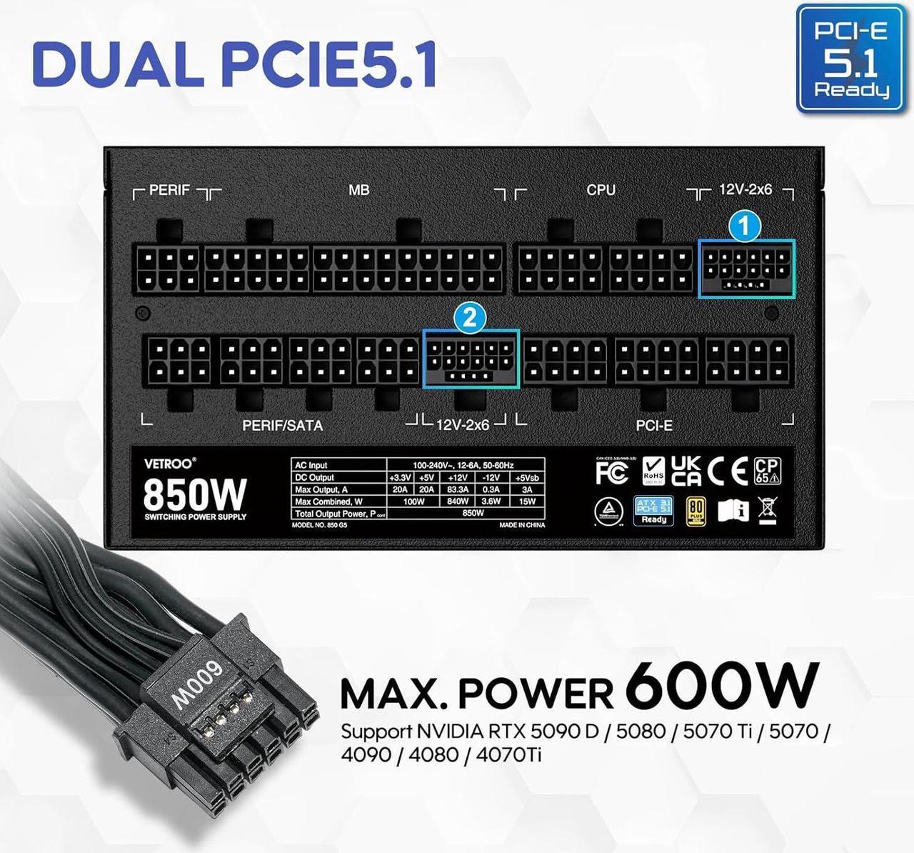 Alt view image 2 of 7 - Vetroo 850W Power Supply Dual PCIe 5.1 ATX 3.1 Ready, 80 Plus Gold Full Modular, Quiet Operation with 120mm FDB Fan, 10-Year Warranty - Black