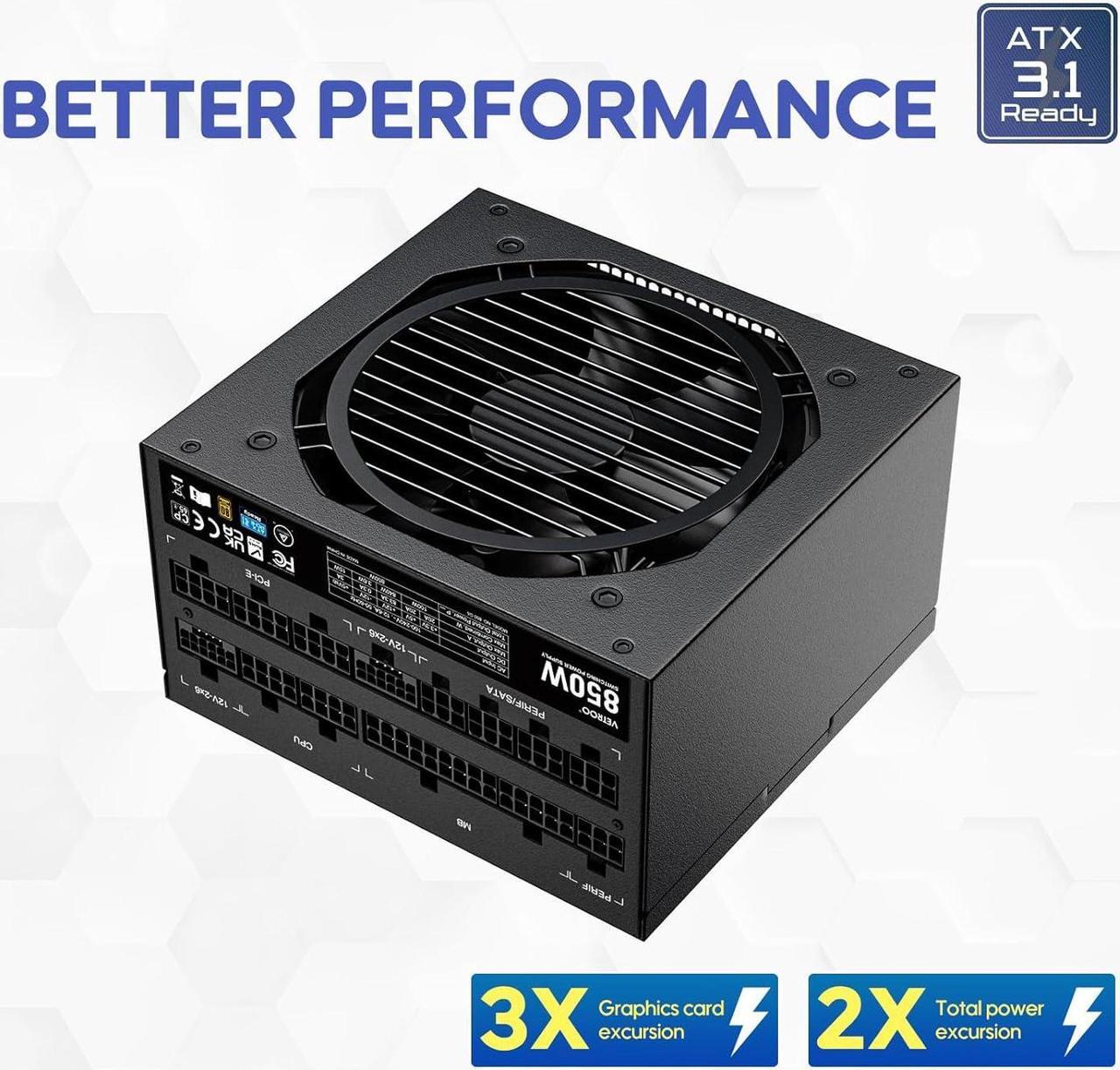Alt view image 4 of 7 - Vetroo 850W Power Supply Dual PCIe 5.1 ATX 3.1 Ready, 80 Plus Gold Full Modular, Quiet Operation with 120mm FDB Fan, 10-Year Warranty - Black