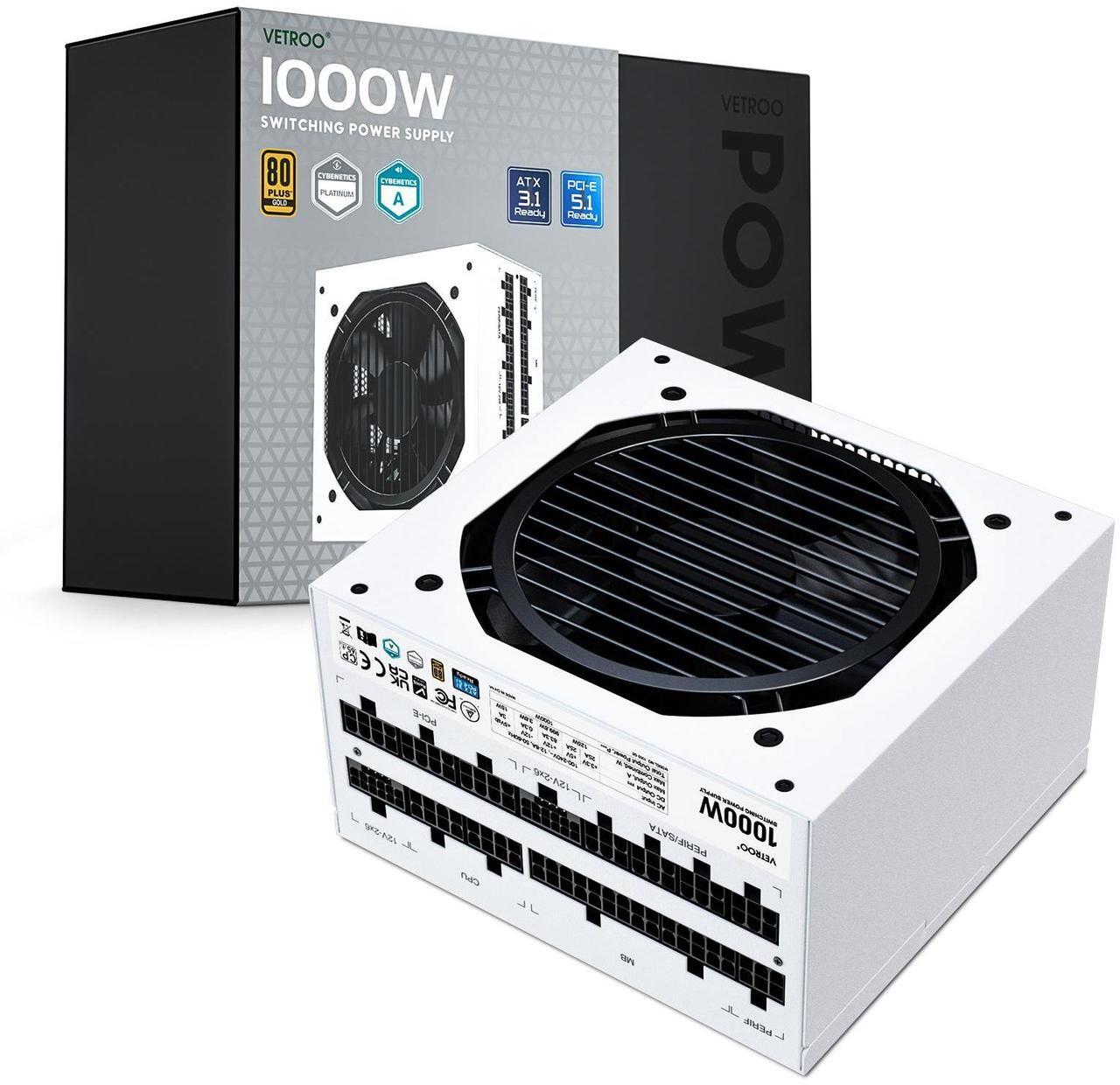 Main image of Vetroo 1000W White Power Supply ATX 3.1 Ready Dual PCIe 5.1, 80 Plus Gold Full Modular, Compact Size, Eco Mode with 120mm FDB Fan, 10 Year Warranty, for Gaming PC and More
