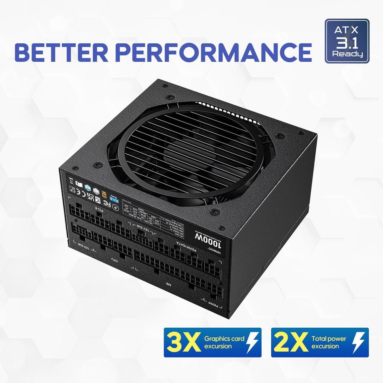 Alt view image 4 of 7 - Vetroo 1000W Black Power Supply ATX 3.1 Ready Dual PCIe 5.1, 80 Plus Gold Full Modular, Compact Size, Eco Mode with 120mm FDB Fan, 10 Year Warranty, for Gaming PC and More
