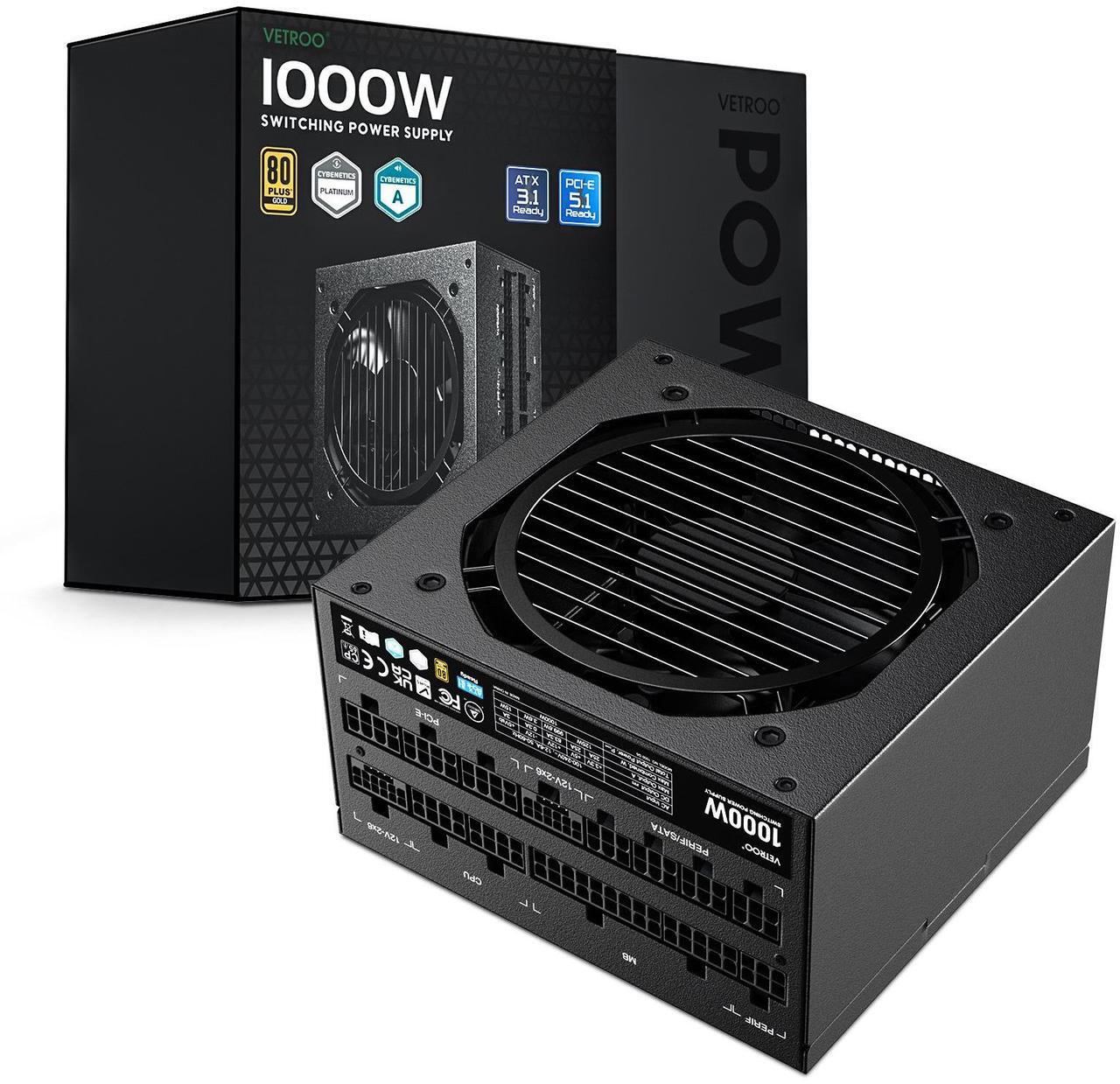 Main image of Vetroo 1000W Black Power Supply ATX 3.1 Ready Dual PCIe 5.1, 80 Plus Gold Full Modular, Compact Size, Eco Mode with 120mm FDB Fan, 10 Year Warranty, for Gaming PC and More