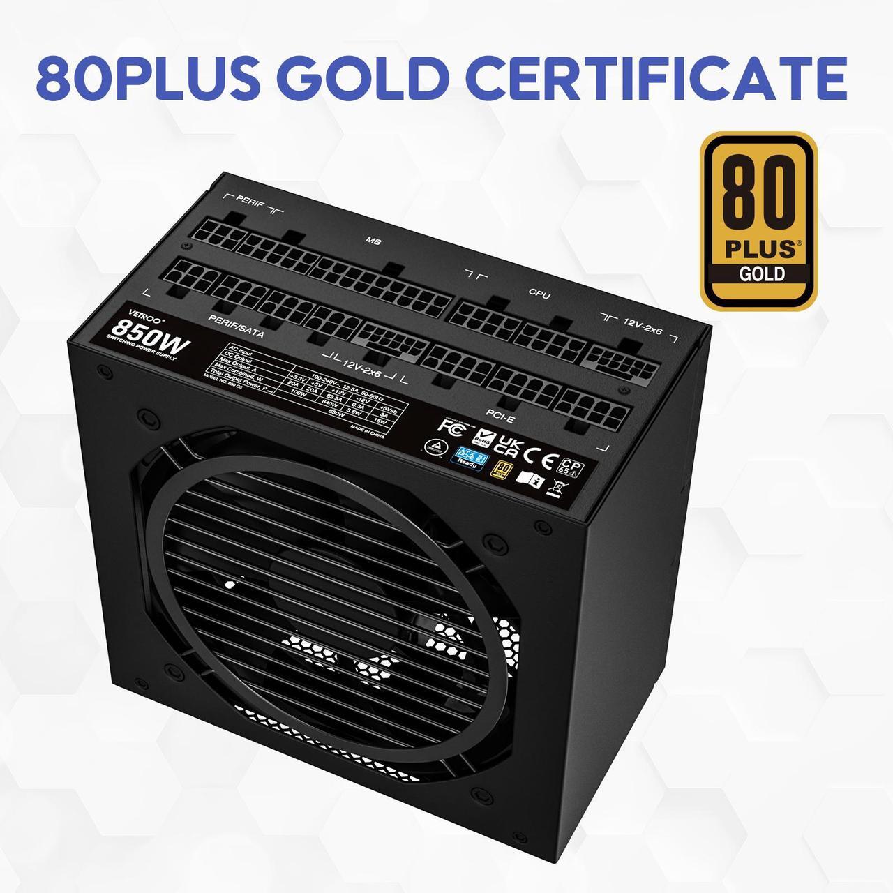 Alt view image 3 of 7 - Vetroo 850W Power Supply Dual PCIe 5.1 ATX 3.1 Ready, 80 Plus Gold Full Modular, Quiet Operation with 120mm FDB Fan, 10-Year Warranty - Black