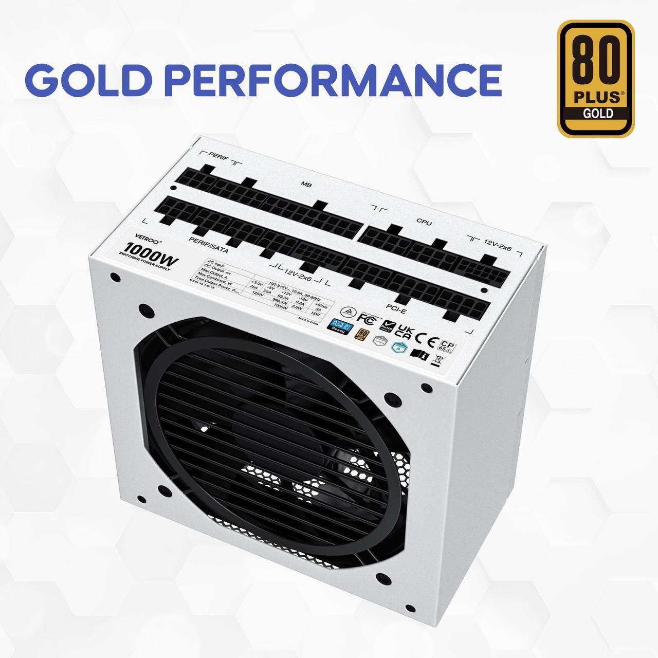 Alt view image 3 of 7 - Vetroo 1000W White Power Supply ATX 3.1 Ready Dual PCIe 5.1, 80 Plus Gold Full Modular, Compact Size, Eco Mode with 120mm FDB Fan, 10 Year Warranty, for Gaming PC and More