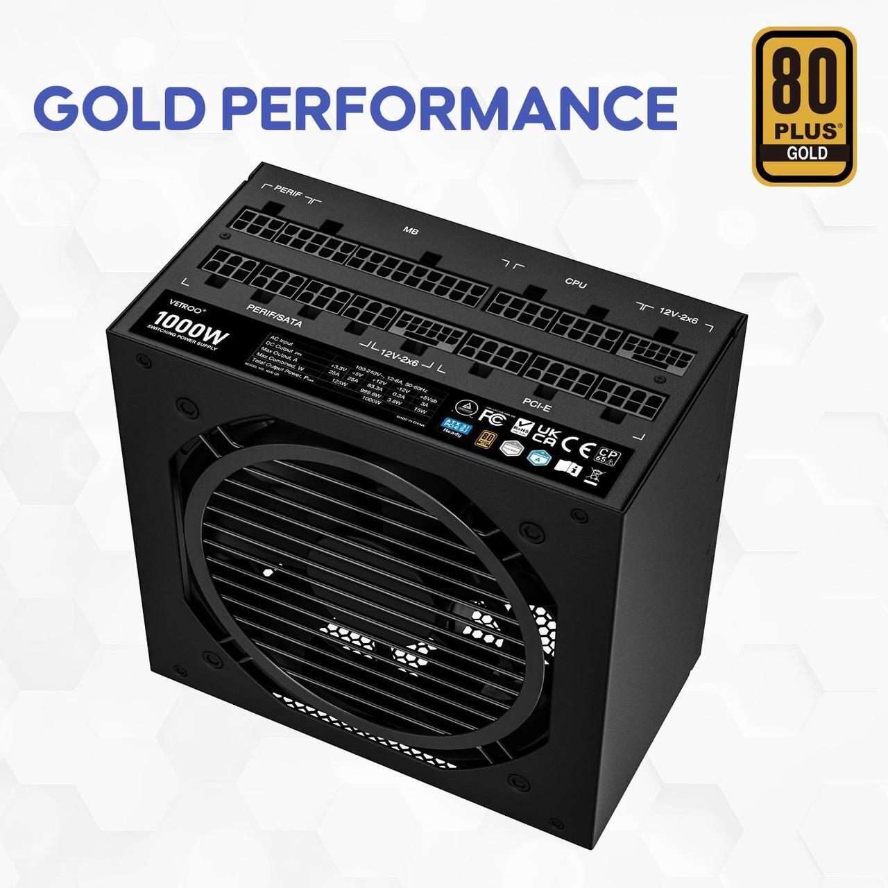 Alt view image 3 of 7 - Vetroo 1000W Black Power Supply ATX 3.1 Ready Dual PCIe 5.1, 80 Plus Gold Full Modular, Compact Size, Eco Mode with 120mm FDB Fan, 10 Year Warranty, for Gaming PC and More
