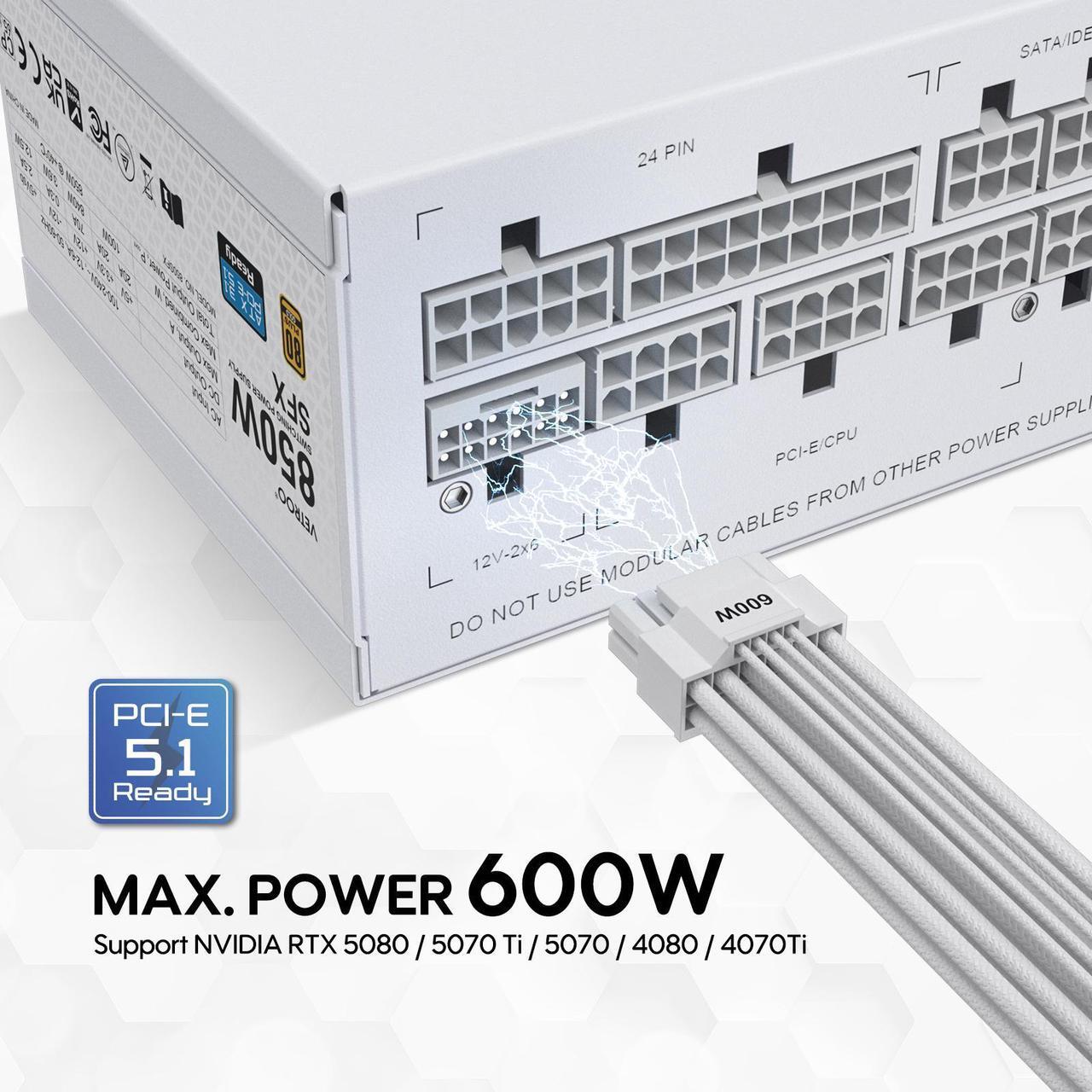 Alt view image 3 of 7 - Vetroo 850W SFX Power Supply ATX 3.1 & PCIE 5.1 Ready, 80 Plus Gold Certificate Fully Modular, 90mm FDB Fan for Low-Noise Operation, SFX-to-ATX Bracket, 10-Year Warranty - White