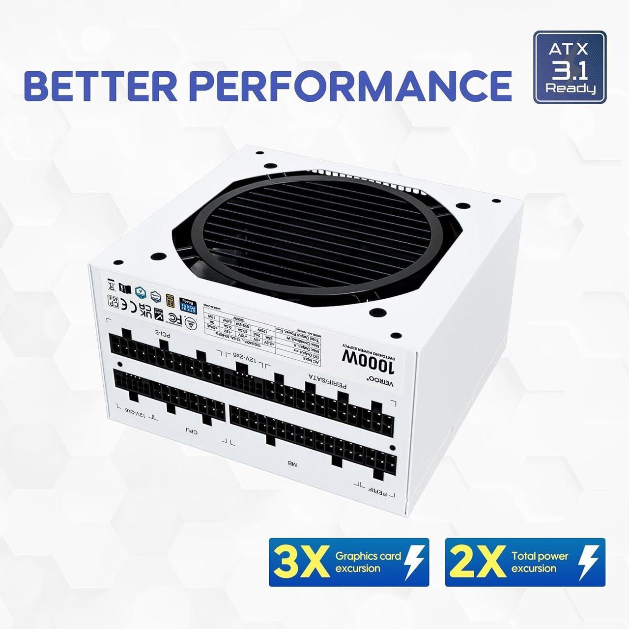 Alt view image 5 of 7 - VETROO AL800 Full Tower White PC Computer Case with 1000W White Power Supply Door Opening Design Tempered Glass, E-ATX/ATX Support, Adjustable LED Strip, Pre-Installed ARGB & PWM FDB Fan in Rear