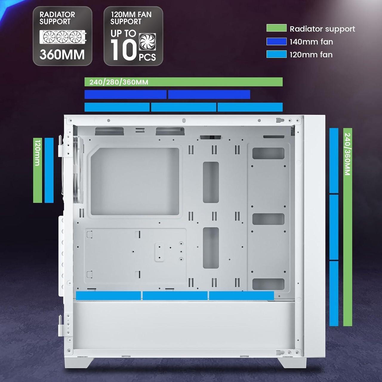 Alt view image 4 of 7 - VETROO AL800 Full Tower White PC Computer Case with 1000W White Power Supply Door Opening Design Tempered Glass, E-ATX/ATX Support, Adjustable LED Strip, Pre-Installed ARGB & PWM FDB Fan in Rear