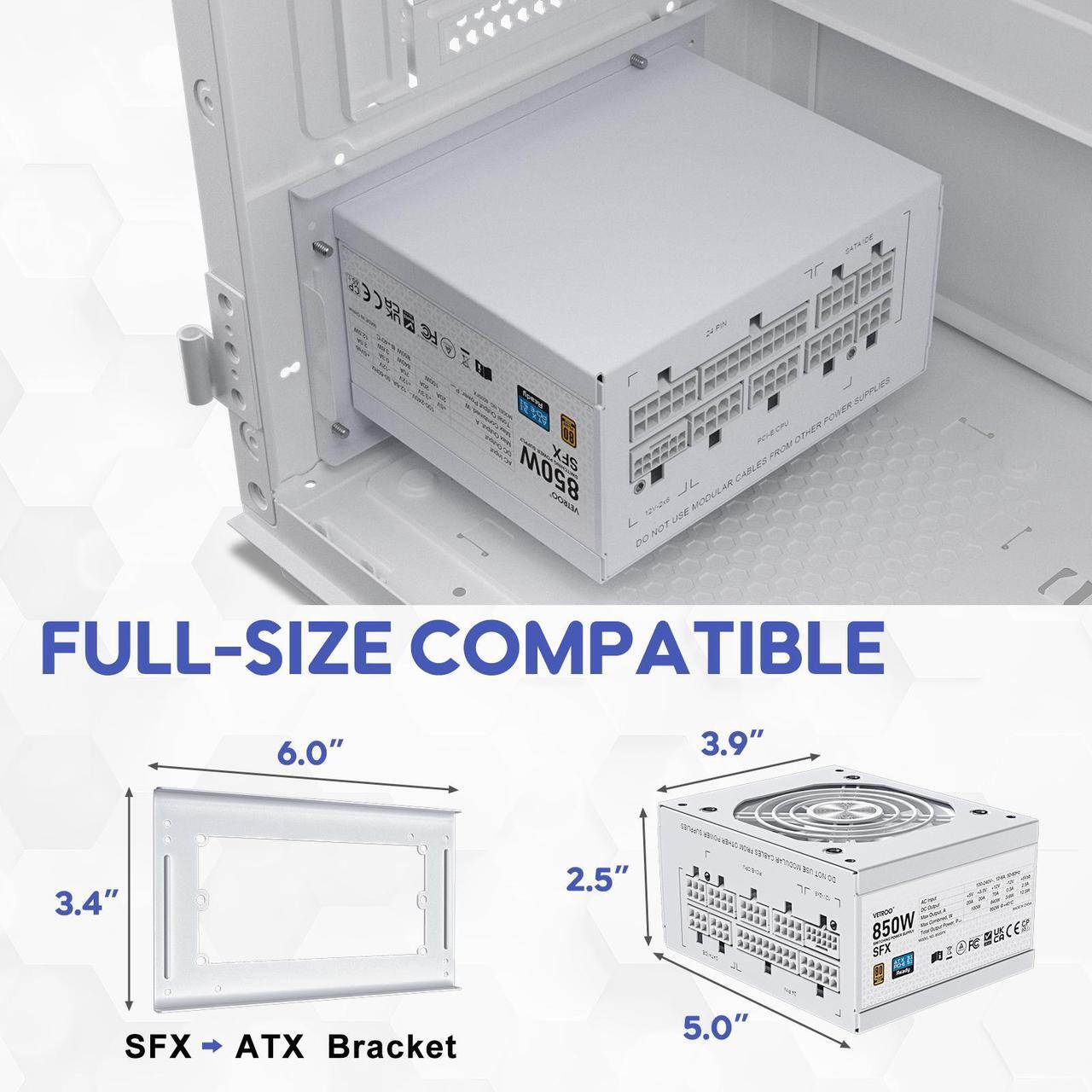 Alt view image 2 of 7 - Vetroo 850W SFX Power Supply ATX 3.1 & PCIE 5.1 Ready, 80 Plus Gold Certificate Fully Modular, 90mm FDB Fan for Low-Noise Operation, SFX-to-ATX Bracket, 10-Year Warranty - White