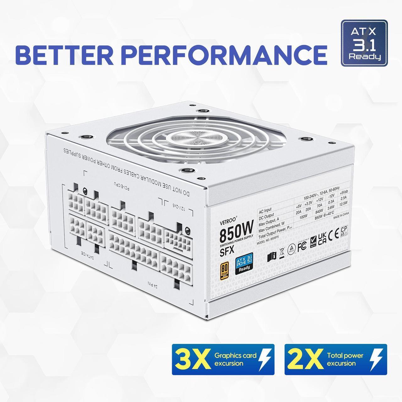Alt view image 4 of 7 - Vetroo 850W SFX Power Supply ATX 3.1 & PCIE 5.1 Ready, 80 Plus Gold Certificate Fully Modular, 90mm FDB Fan for Low-Noise Operation, SFX-to-ATX Bracket, 10-Year Warranty - White