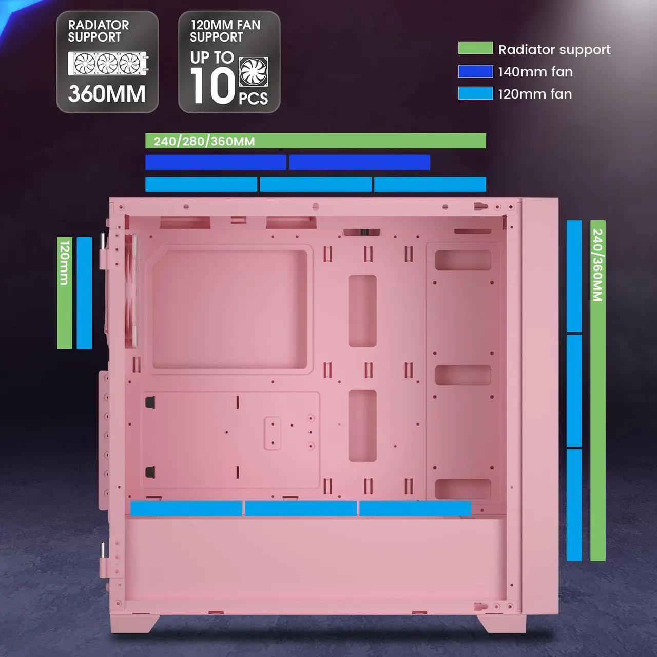 Alt view image 3 of 6 - Vetroo AL800 Pink E-ATX Full Tower PC Gaming Case with 4mm Tempered Glass RTX 50 Series Fully Compatible Side Panel & Mesh Front Panel Support 360mm Radiator 120mm ARGB Fan Included Type-C