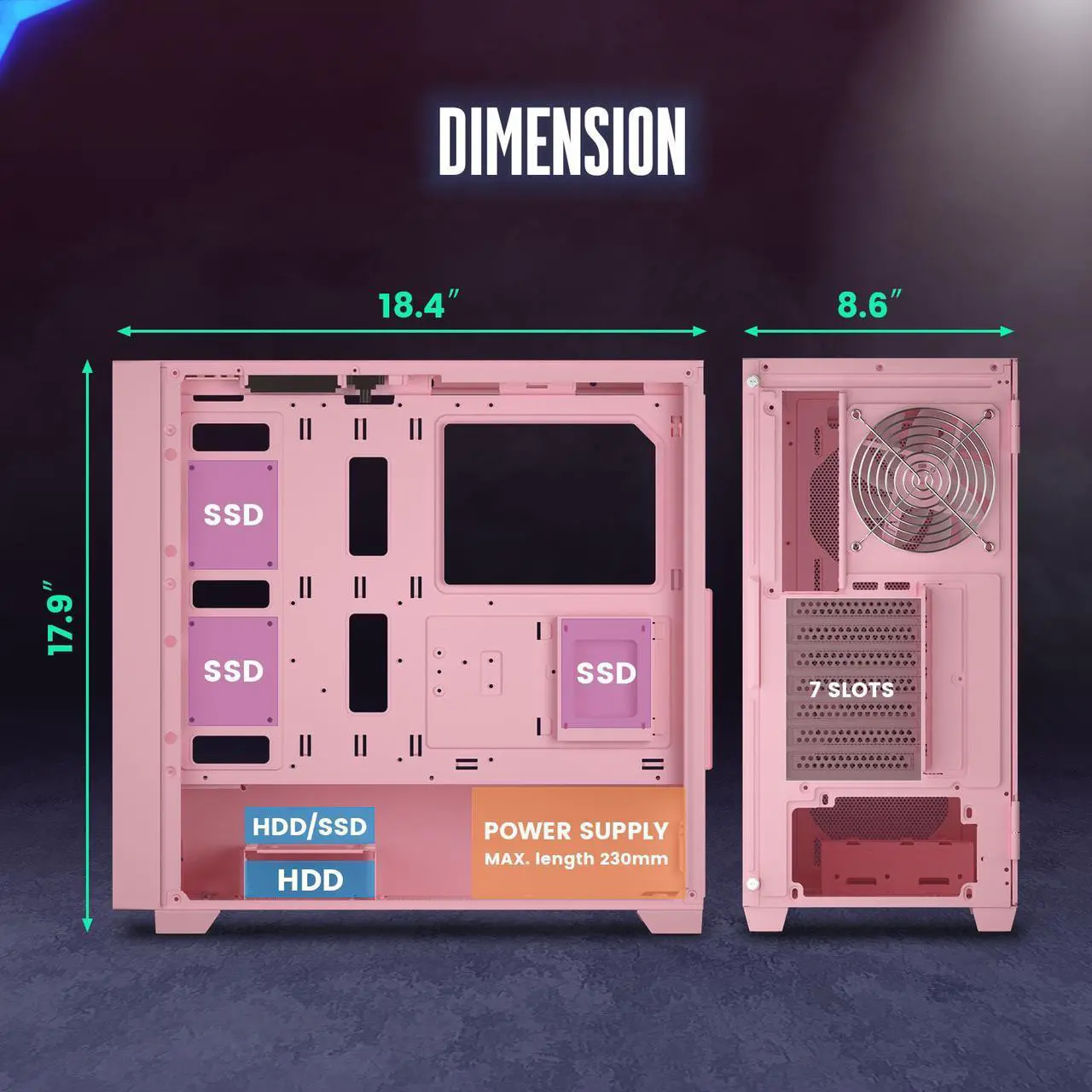 Alt view image 4 of 6 - Vetroo AL800 Pink E-ATX Full Tower PC Gaming Case with 4mm Tempered Glass RTX 50 Series Fully Compatible Side Panel & Mesh Front Panel Support 360mm Radiator 120mm ARGB Fan Included Type-C