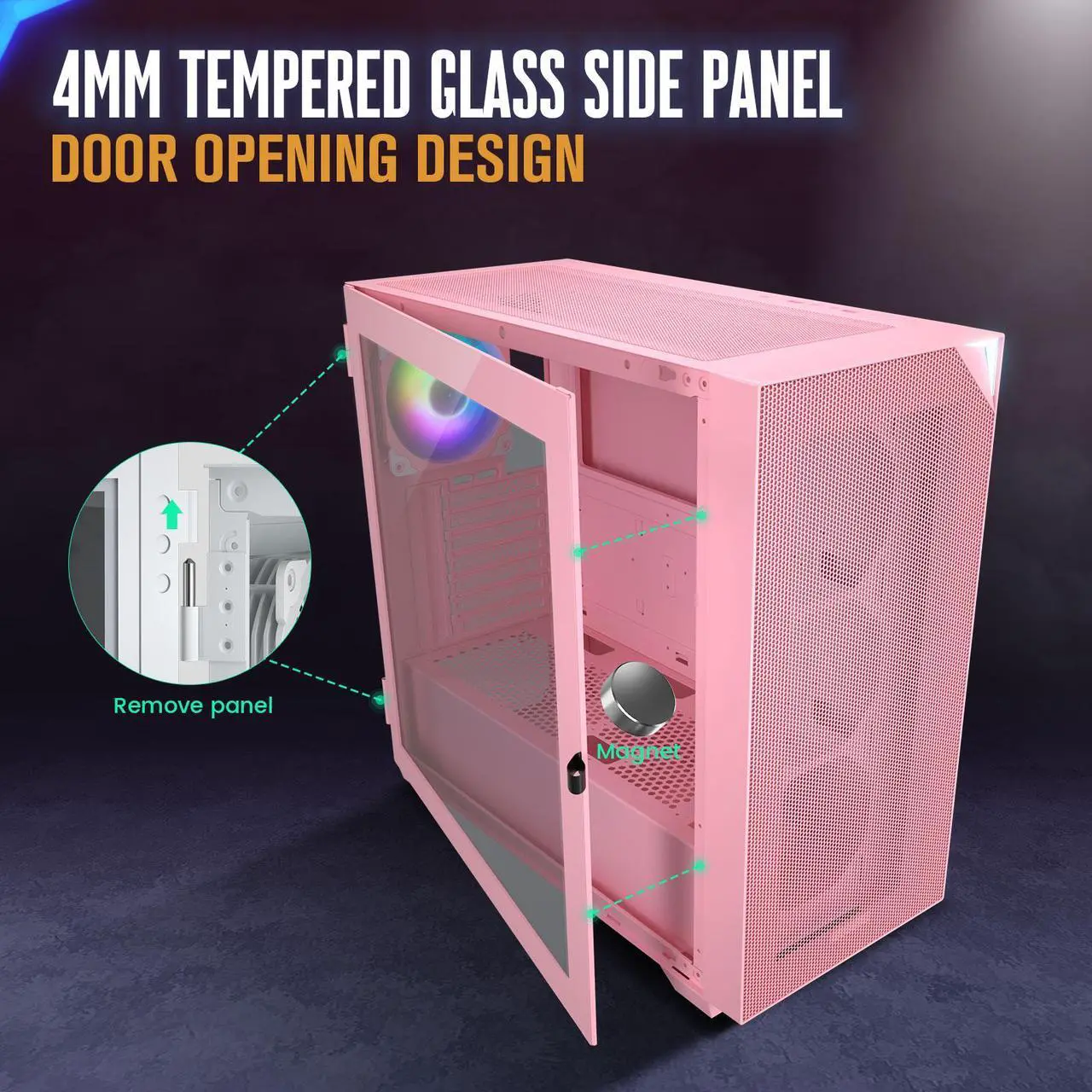 Alt view image 2 of 6 - Vetroo AL800 Pink E-ATX Full Tower PC Gaming Case with 4mm Tempered Glass RTX 50 Series Fully Compatible Side Panel & Mesh Front Panel Support 360mm Radiator 120mm ARGB Fan Included Type-C