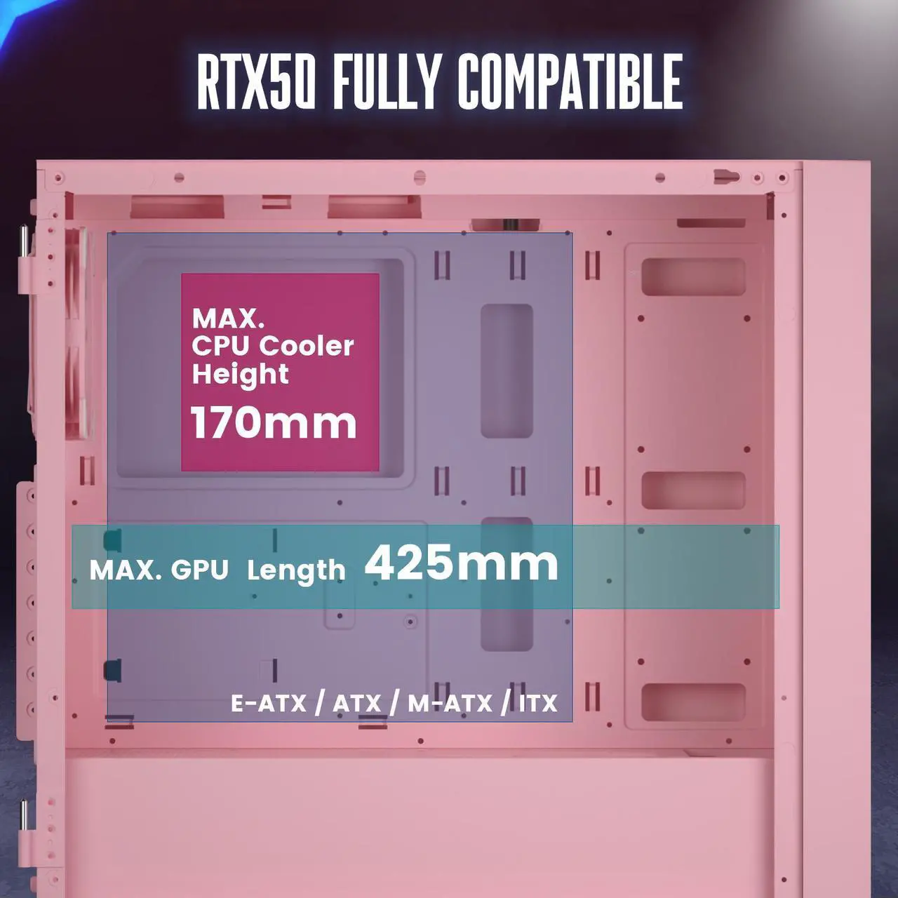 Alt view image 5 of 6 - Vetroo AL800 Pink E-ATX Full Tower PC Gaming Case with 4mm Tempered Glass RTX 50 Series Fully Compatible Side Panel & Mesh Front Panel Support 360mm Radiator 120mm ARGB Fan Included Type-C