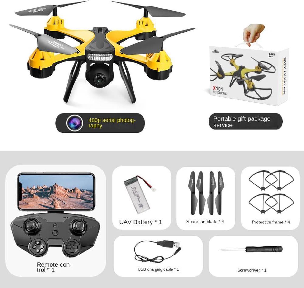 X101 Aerial drone 4K HD aerial shot quadcopter flying toy plane in 15 minutes Yellow Standard no camera - with fixed height - yellow