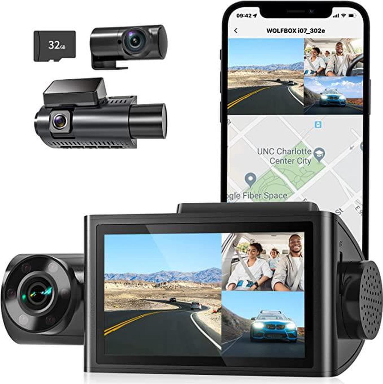 Main image of WOLFBOX i07 Dash Cam, 3 Channel Dash Cam Built in WiFi GPS, 4K+1080P Dash Camera Front and Inside, 2K 1440P+1080P+1080P, 3" LCD Super IR Night Vision, 24 Hours Parking Monitor, Support 128GB Max