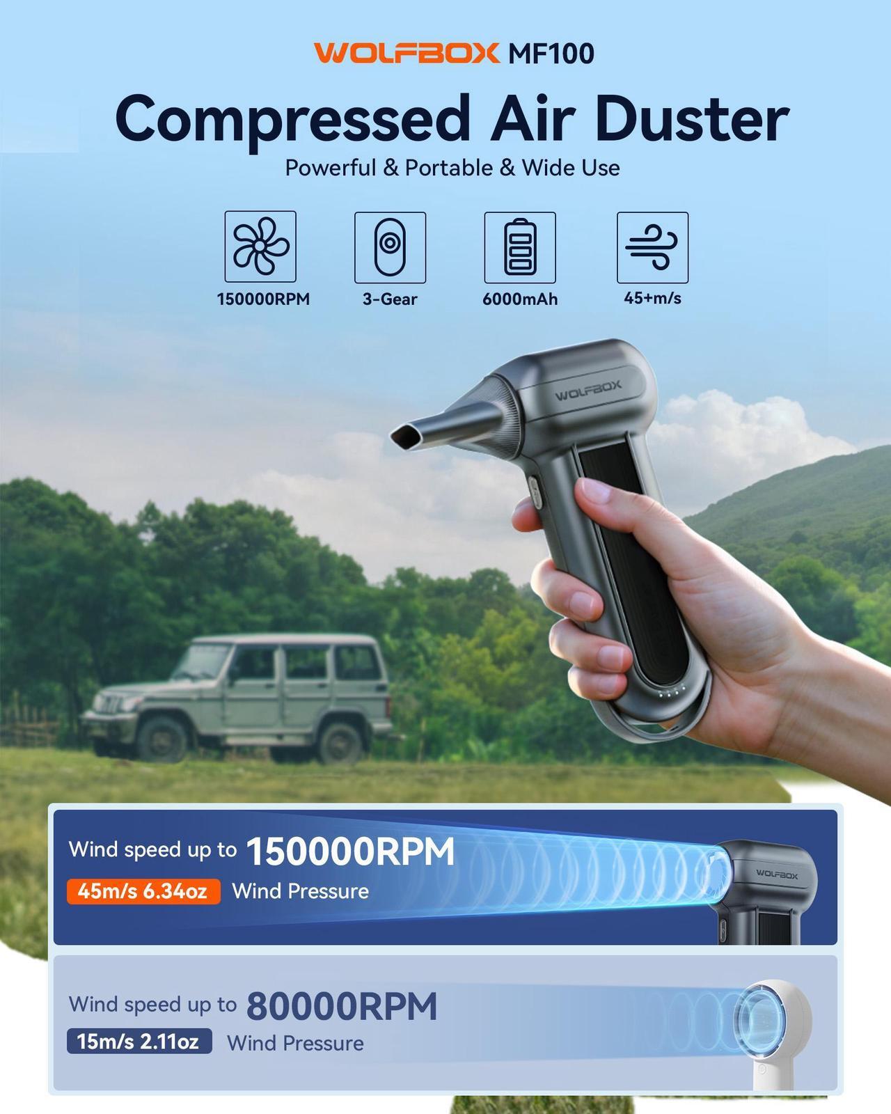 Alt view image 3 of 7 - WOLFBOX MF100 Cordless Air Duster, 150000RPM High-Speed, Rechargeable, 3-Speed Mini Blower for PC, Keyboard, Outdoor Use, Snow & Auto Cleaning - Long-Lasting Battery
