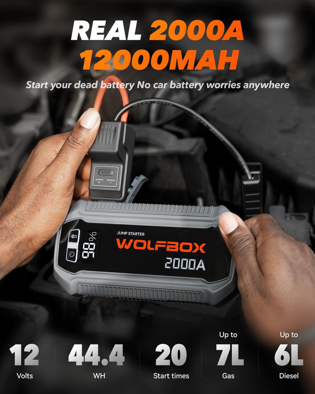 Alt view image 2 of 7 - WOLFBOX 2000A Jump Starter  12000mAh 12V Portable Power Pack, LED Display for 7L Gas/6L Diesel Engines (Booster, Light, Jumper Cables)