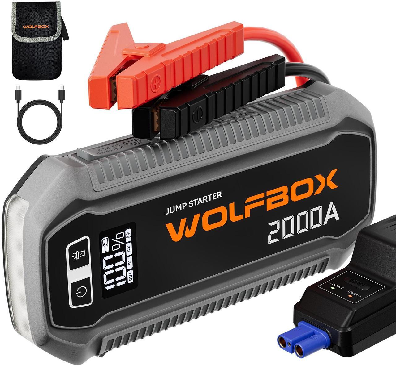 Main image of WOLFBOX 2000A Jump Starter  12000mAh 12V Portable Power Pack, LED Display for 7L Gas/6L Diesel Engines (Booster, Light, Jumper Cables)