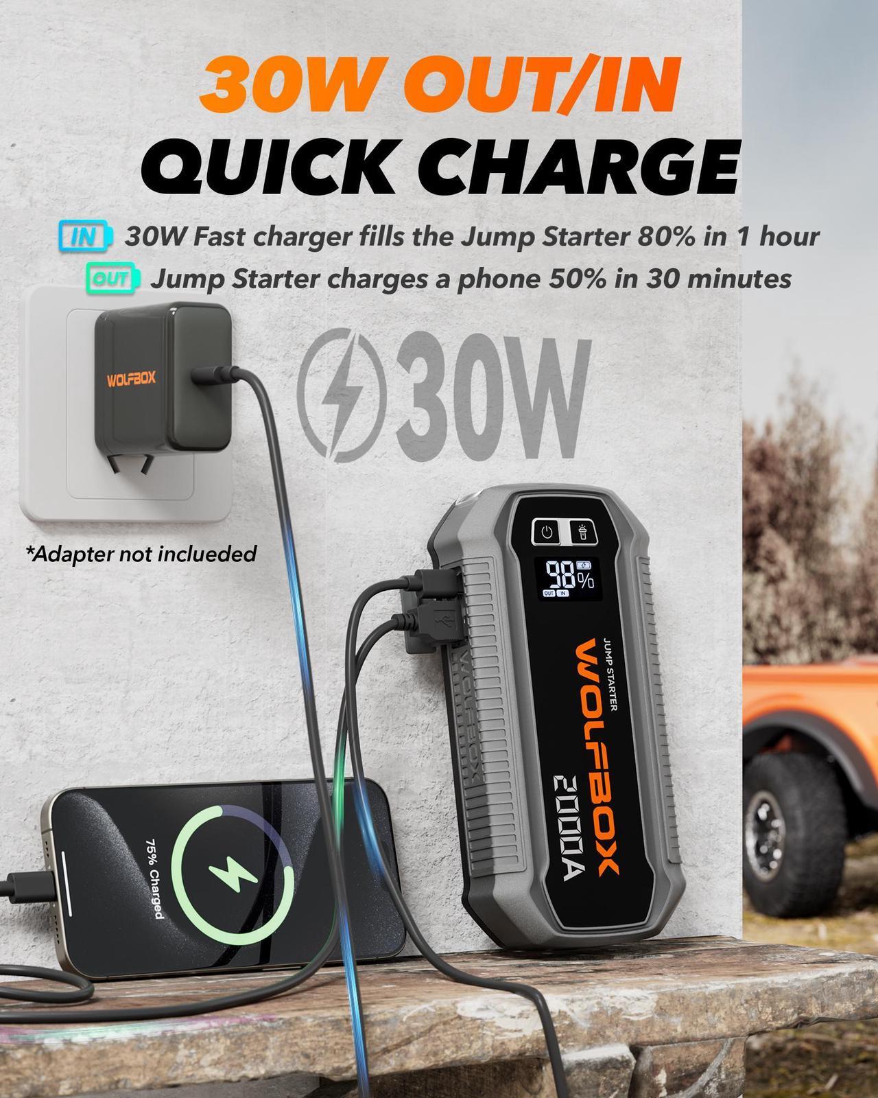 Alt view image 3 of 7 - WOLFBOX 2000A Jump Starter  12000mAh 12V Portable Power Pack, LED Display for 7L Gas/6L Diesel Engines (Booster, Light, Jumper Cables)