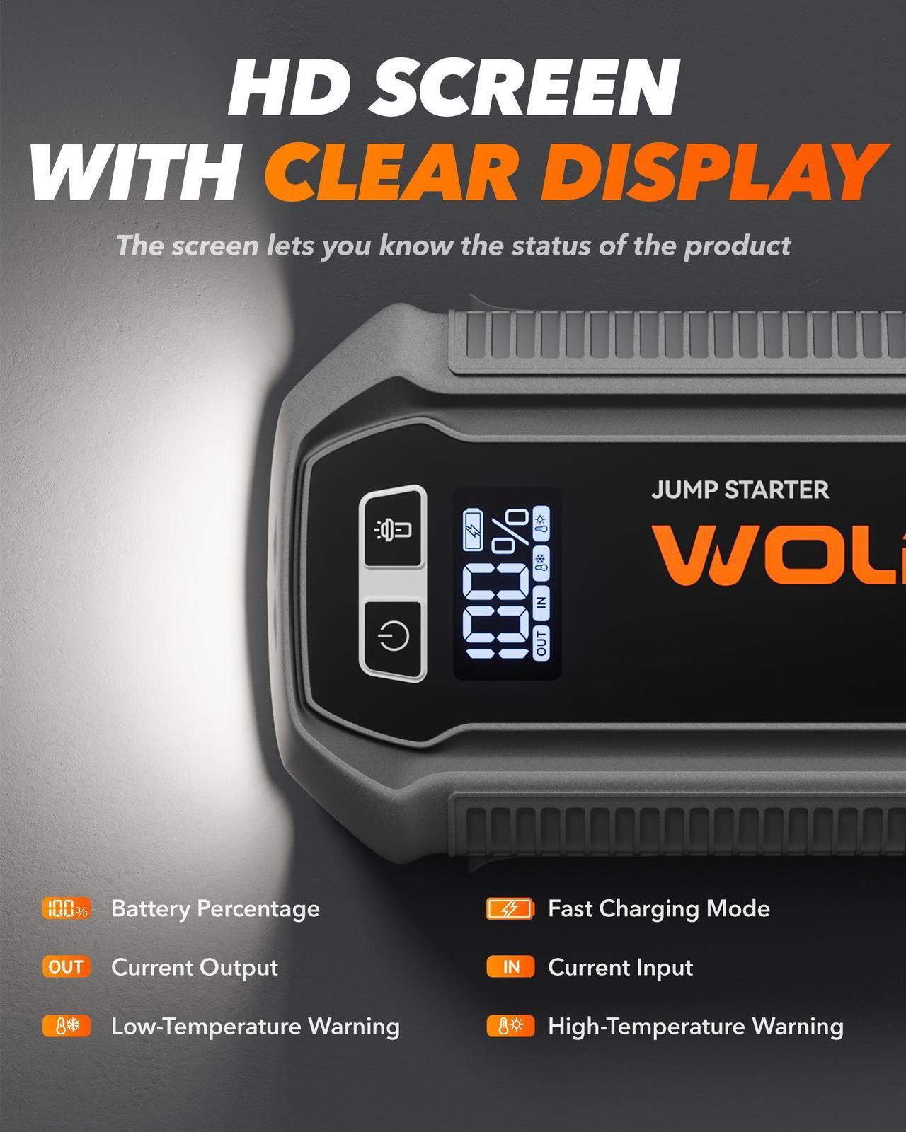 Alt view image 4 of 7 - WOLFBOX 2000A Jump Starter  12000mAh 12V Portable Power Pack, LED Display for 7L Gas/6L Diesel Engines (Booster, Light, Jumper Cables)