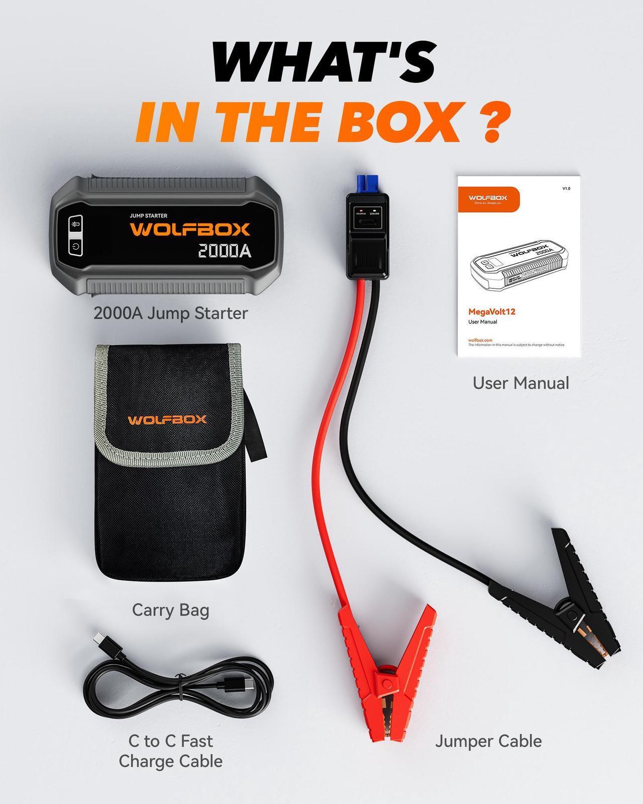 Alt view image 7 of 7 - WOLFBOX 2000A Jump Starter  12000mAh 12V Portable Power Pack, LED Display for 7L Gas/6L Diesel Engines (Booster, Light, Jumper Cables)