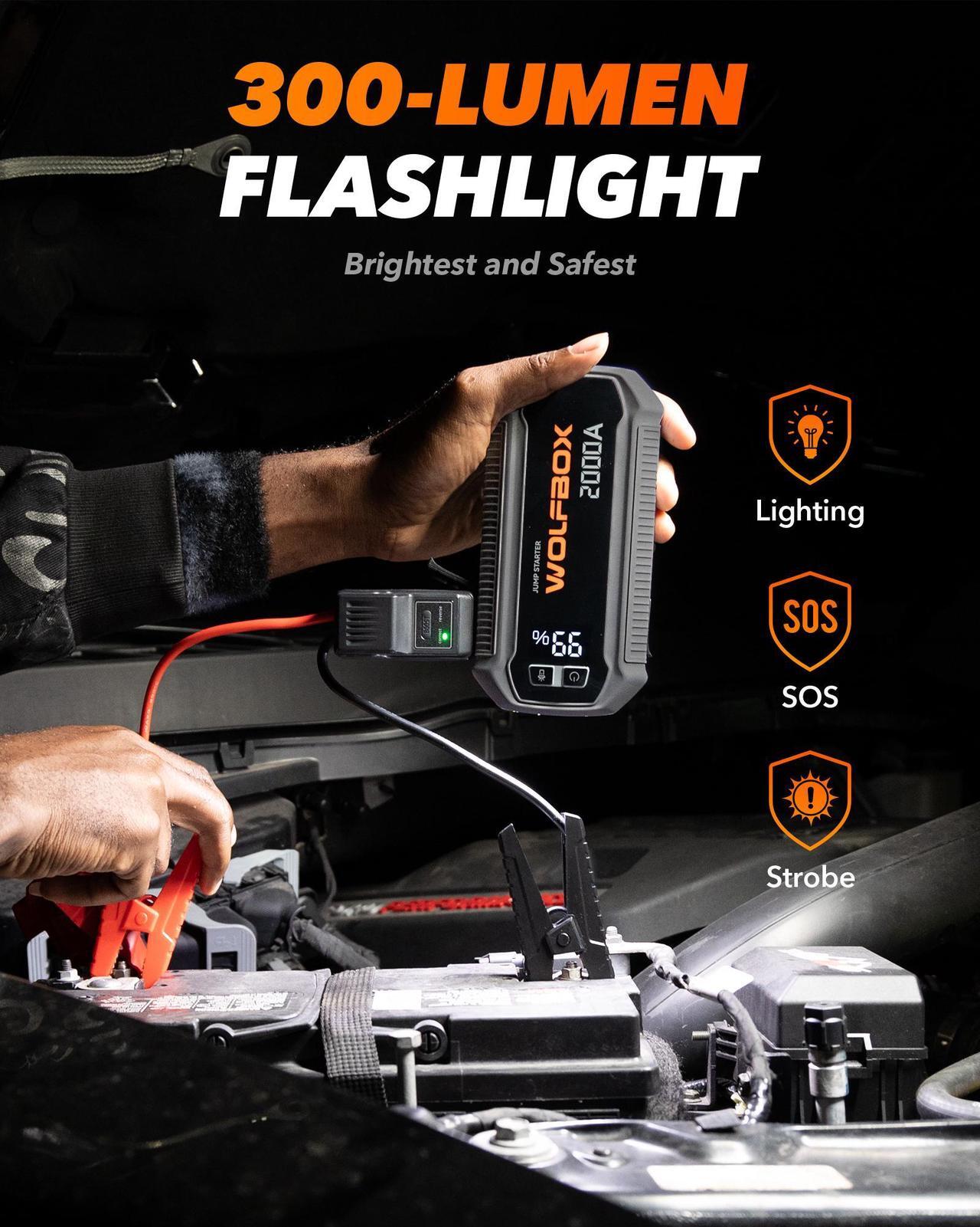 Alt view image 5 of 7 - WOLFBOX 2000A Jump Starter  12000mAh 12V Portable Power Pack, LED Display for 7L Gas/6L Diesel Engines (Booster, Light, Jumper Cables)