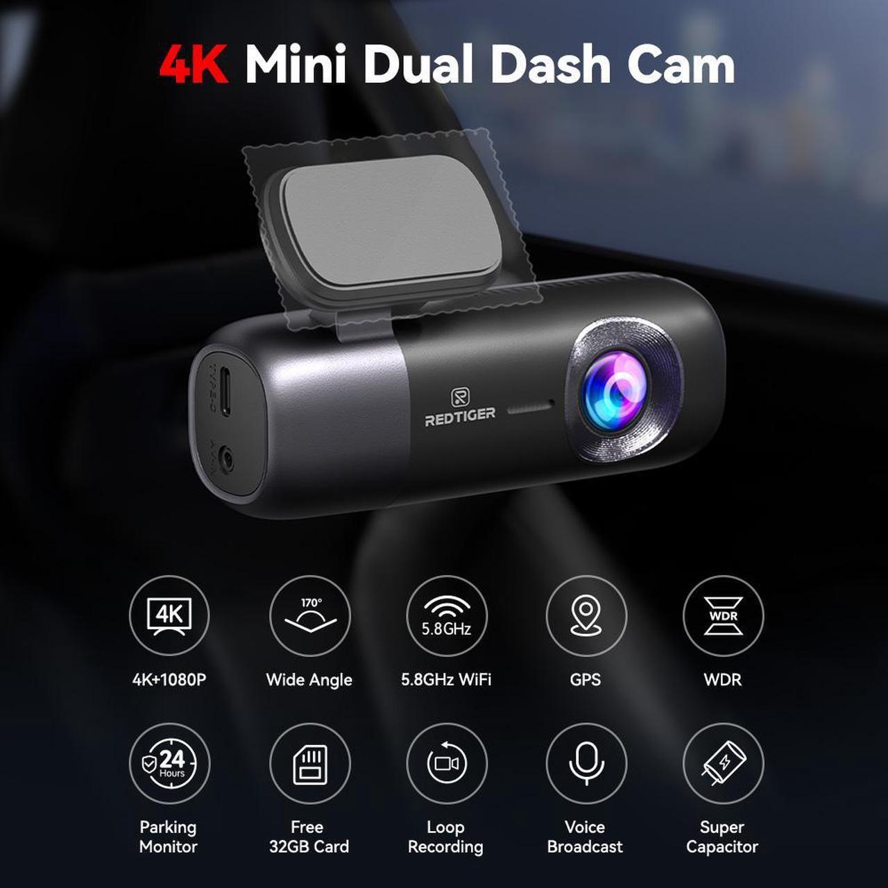 Alt view image 2 of 7 - REDTIGER Dash Cam 4K Front and Rear 1080P, WiFi GPS Car Camera with Free 32GB SD Card, Dual Dash Camera for Cars, Loop Recording, Night Vision, Parking Mode, Smart App Control, Support 256GB Max