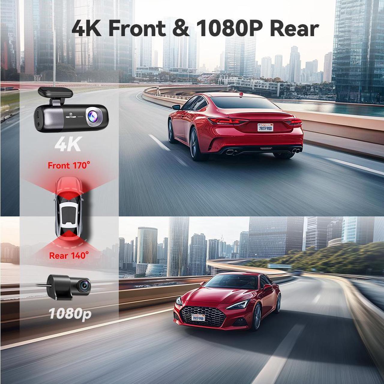 Alt view image 3 of 7 - REDTIGER Dash Cam 4K Front and Rear 1080P, WiFi GPS Car Camera with Free 32GB SD Card, Dual Dash Camera for Cars, Loop Recording, Night Vision, Parking Mode, Smart App Control, Support 256GB Max
