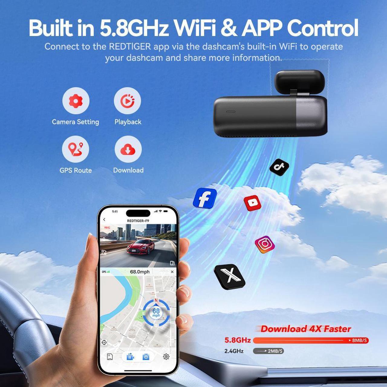 Alt view image 4 of 7 - REDTIGER Dash Cam 4K Front and Rear 1080P, WiFi GPS Car Camera with Free 32GB SD Card, Dual Dash Camera for Cars, Loop Recording, Night Vision, Parking Mode, Smart App Control, Support 256GB Max