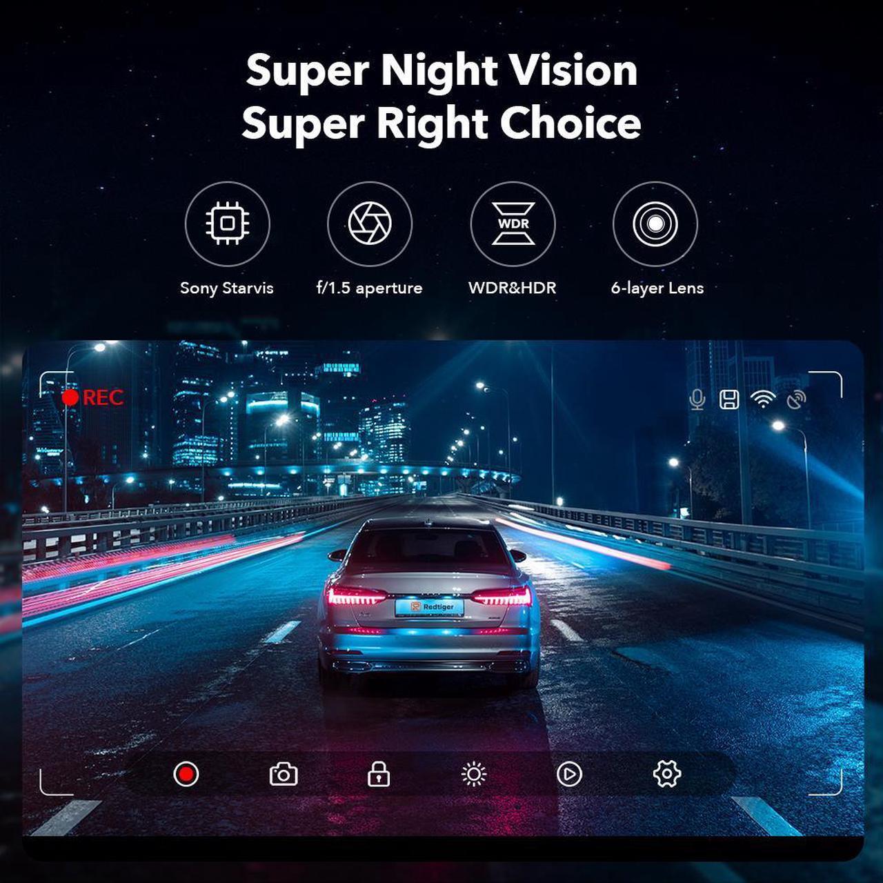 Alt view image 4 of 7 - REDTIGER F7NP Dash cam Front and Rear 4K Dash Camera Full HD Car Dashboard Recorder with 3.16 IPS Screen, Wi-Fi GPS Night Vision Loop Recording, 170° Wide Angle WDR, Free 32GB Card