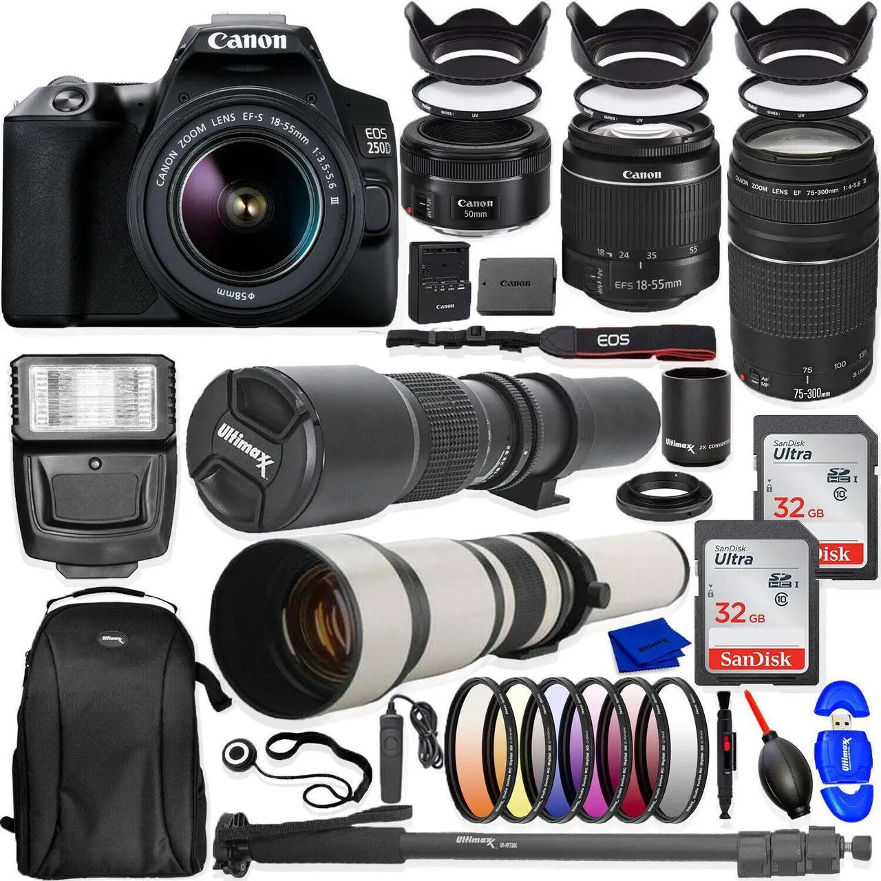 Main image of Canon EOS 250D/Rebel SL3 18-55mm + 75-300mm + 50mm STM 5 LENS Top Value Bundle