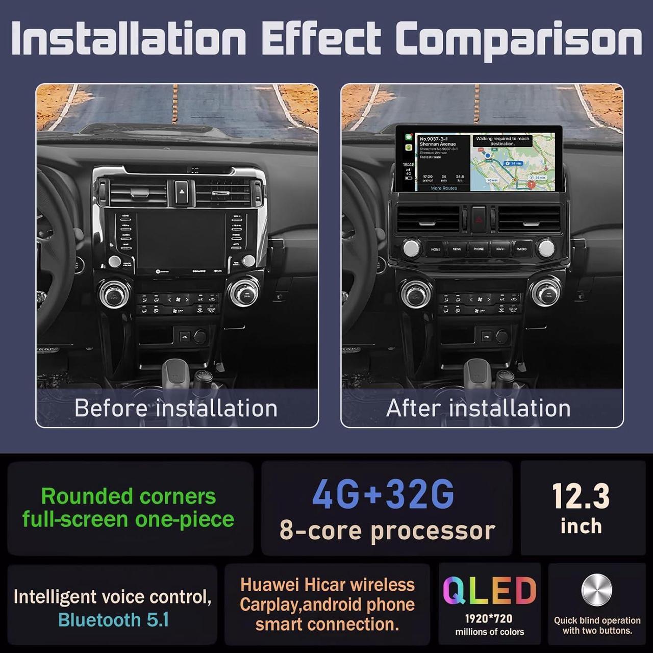 Alt view image 2 of 7 - Car Stereo Radio Dash Kit for Toyota 4Runner 2009-2022 Black Upper 12.3" Android Head Unit Easy Install Wireless CarPlay & Android Auto WiFi DSP 4G GPS Multimedia Navigation AHD Backup Camera