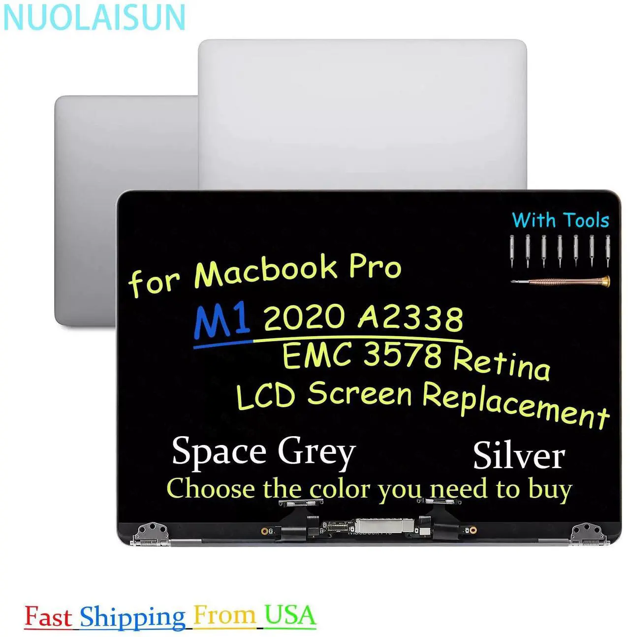 Main image of NUOLAISUN LCD Screen Replacement for MacBook Pro 13" M1 A2338 2020 EMC 3578 Retina LCD Screen Display Full Assembly (Sliver)