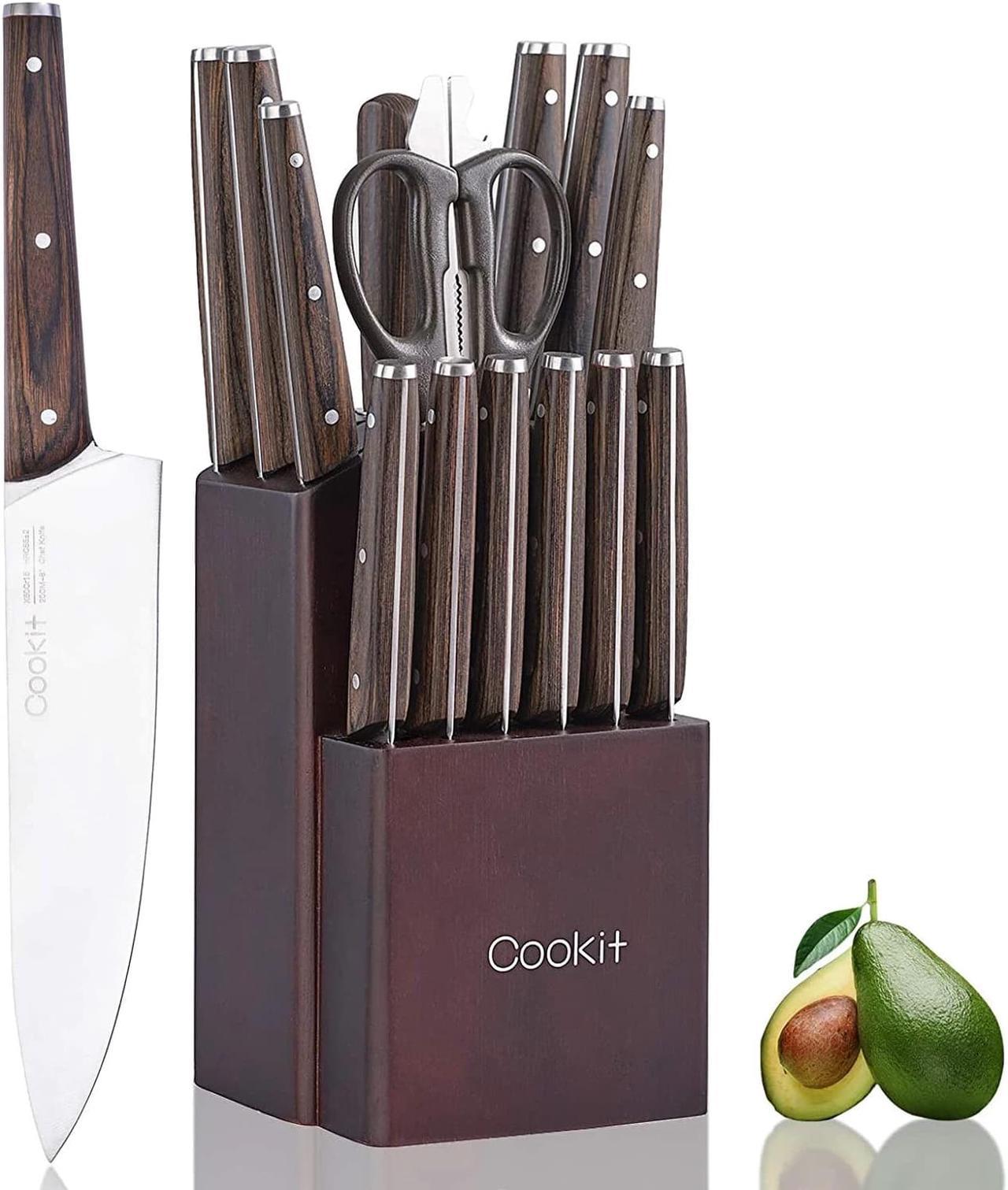 Kitchen Knife Sets 15 Piece Knife Sets with Block for Kitchen Chef Knife Stainless Steel Knives Set Serrated Steak Knives with Manual Sharpener Knife