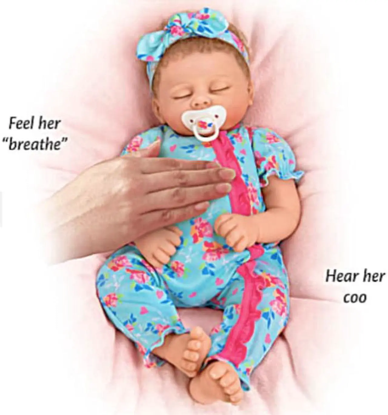 Alt view image 3 of 7 - The Ashton - Drake Galleries Bella Authentic Silicone Baby Doll "Breathes" And "Coos" with Custom Floral Sleeper & Headband TrueTouch® Authentic Silicone Sleeping Doll by Linda Murray 19-inches