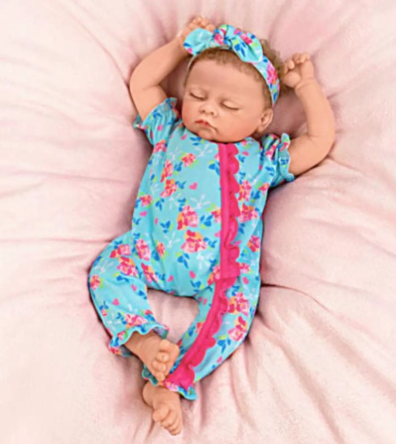 Alt view image 5 of 7 - The Ashton - Drake Galleries Bella Authentic Silicone Baby Doll "Breathes" And "Coos" with Custom Floral Sleeper & Headband TrueTouch® Authentic Silicone Sleeping Doll by Linda Murray 19-inches
