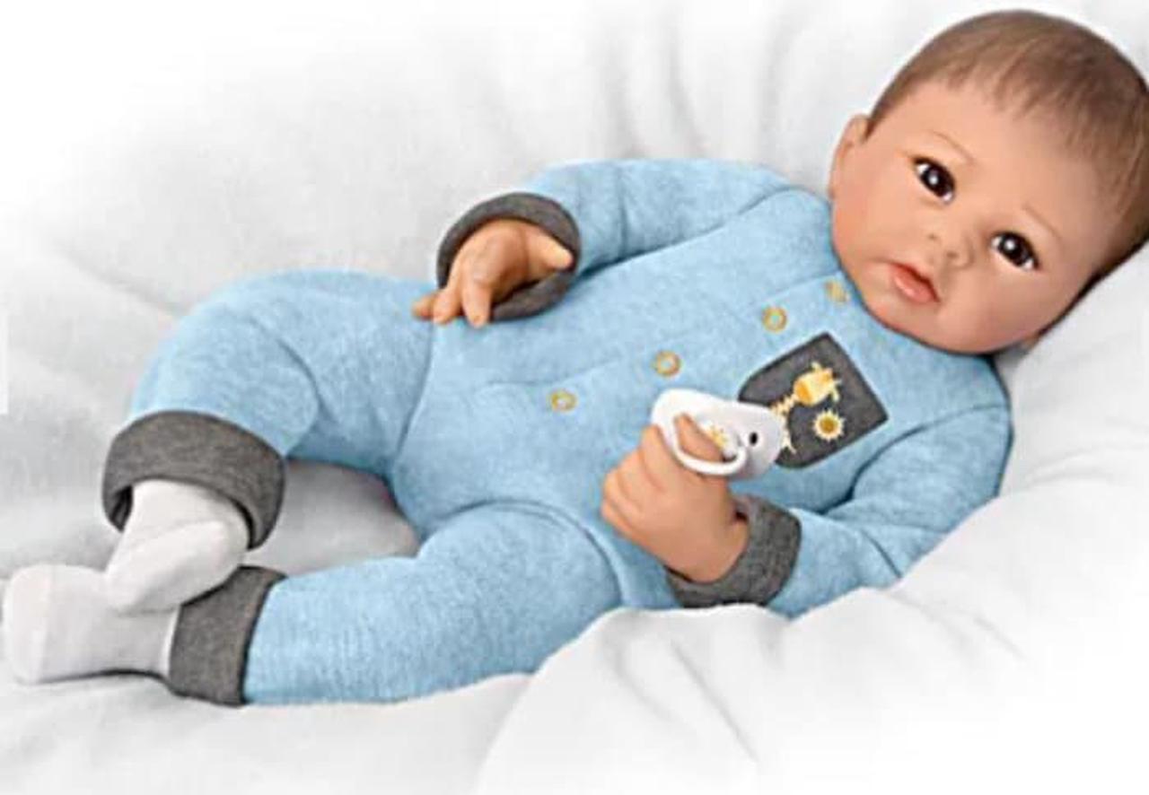 Alt view image 4 of 7 - The Ashton - Drake Galleries Oliver Poseable Baby Doll Breathes, Coos And Has A Heartbeat Hand painted & Weighted Soft Lifelike RealTouch® Vinyl by Master Doll Artist Linda Murray 19-inches