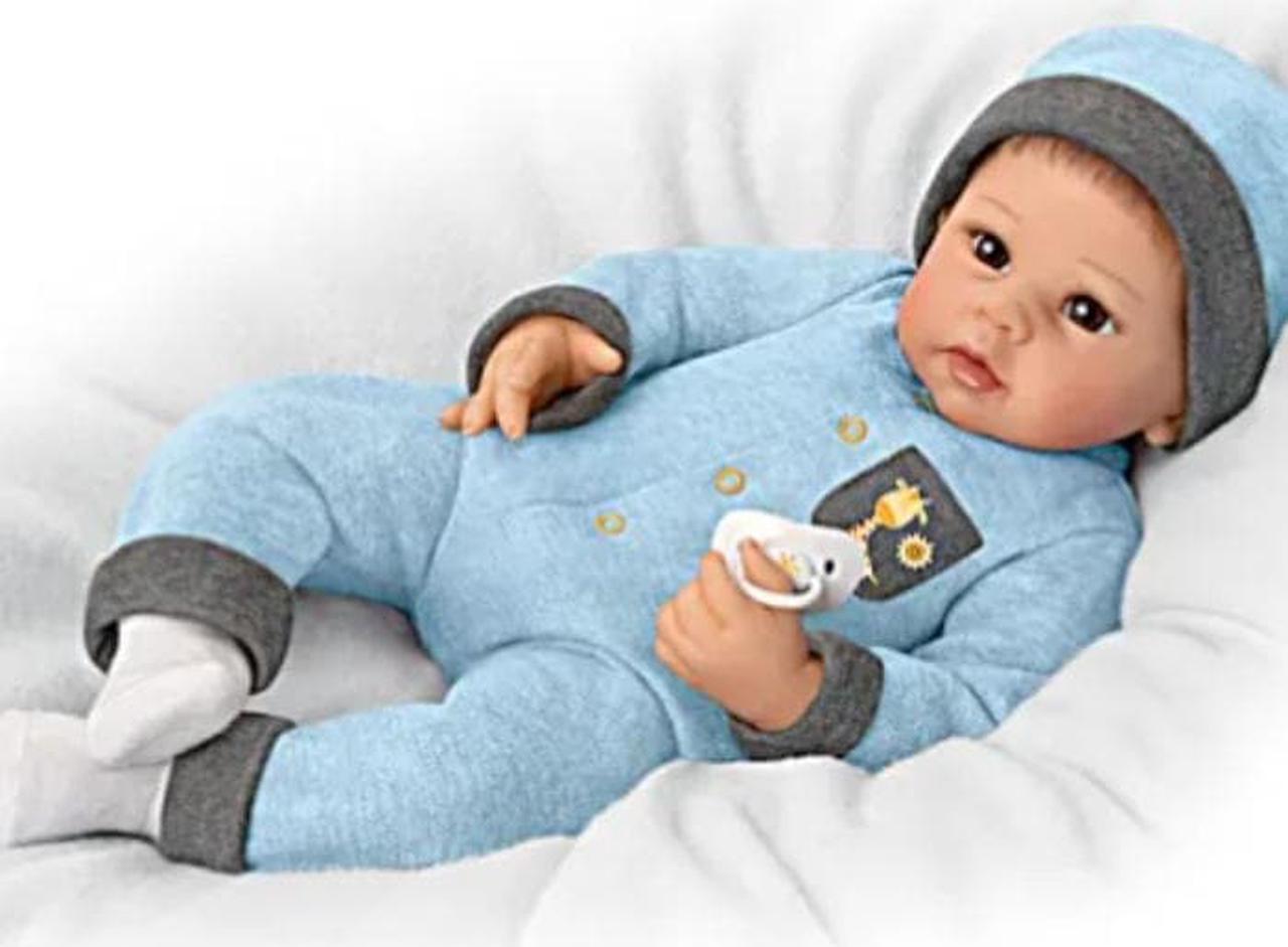 Alt view image 6 of 7 - The Ashton - Drake Galleries Oliver Poseable Baby Doll Breathes, Coos And Has A Heartbeat Hand painted & Weighted Soft Lifelike RealTouch® Vinyl by Master Doll Artist Linda Murray 19-inches