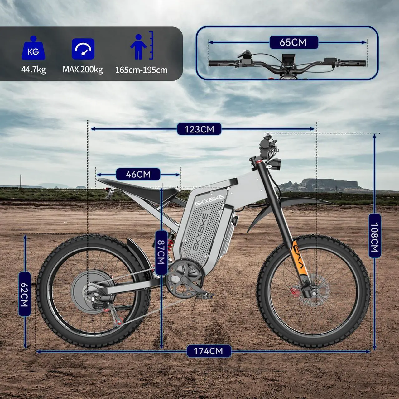 Alt view image 7 of 7 - EKX X21 MAX Electric Motorcycle for Adults 6000W(Peak) Motor Electric Dirt Bike with 60V 30AH Removable Battery, 19" x2 MTB Tire Full Suspension Mountain Bicycle, 52MPH/60Mile, Dual Hydraulic Shock