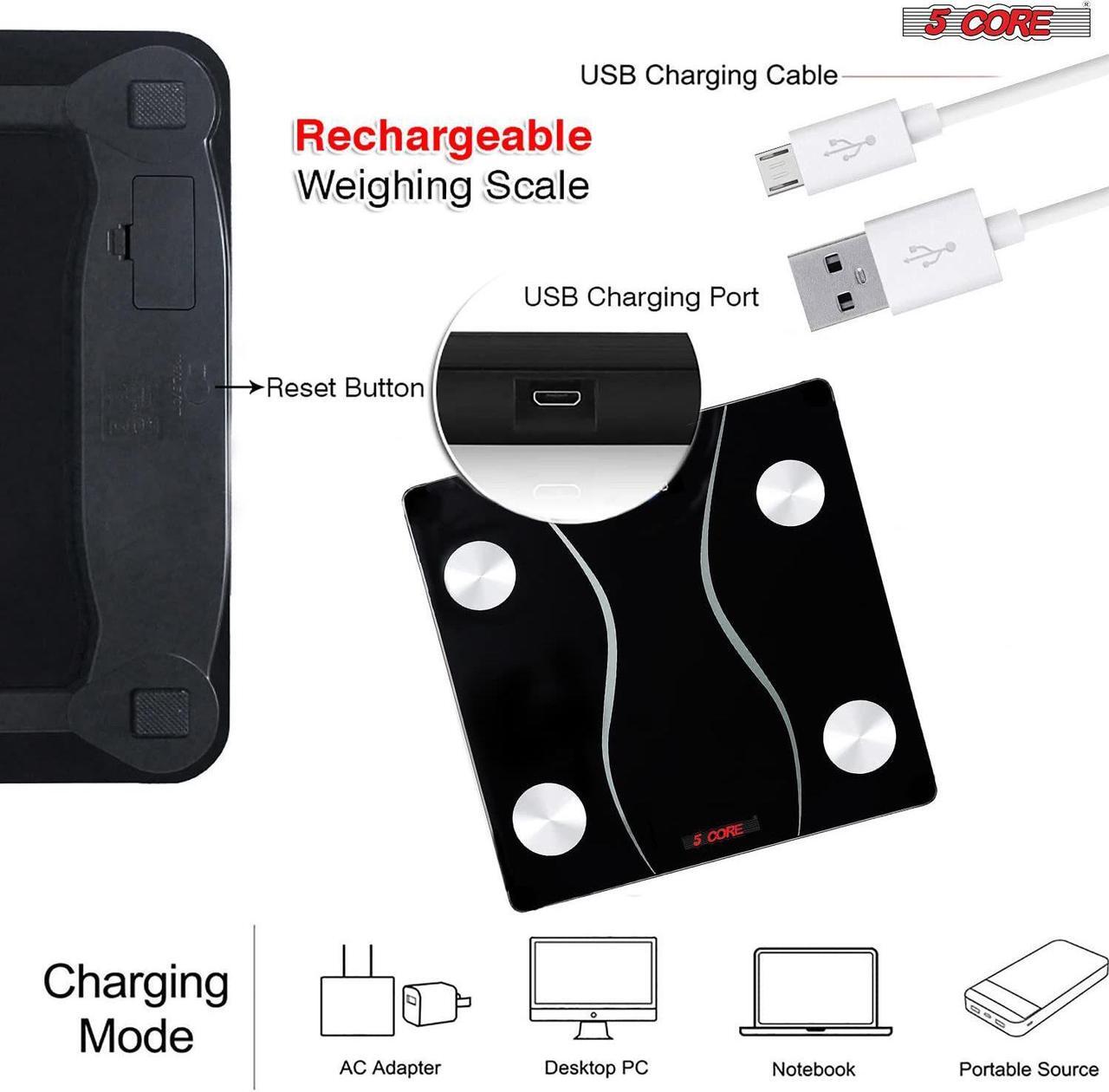 Alt view image 2 of 6 - Rechargeable Digital Scale for Body Weight, Precision Bathroom Weighing Bath Scale, Step-On Technology, High Capacity - 400 lbs. Large Display, Batteries Included 5 Core BS 01 R BLK